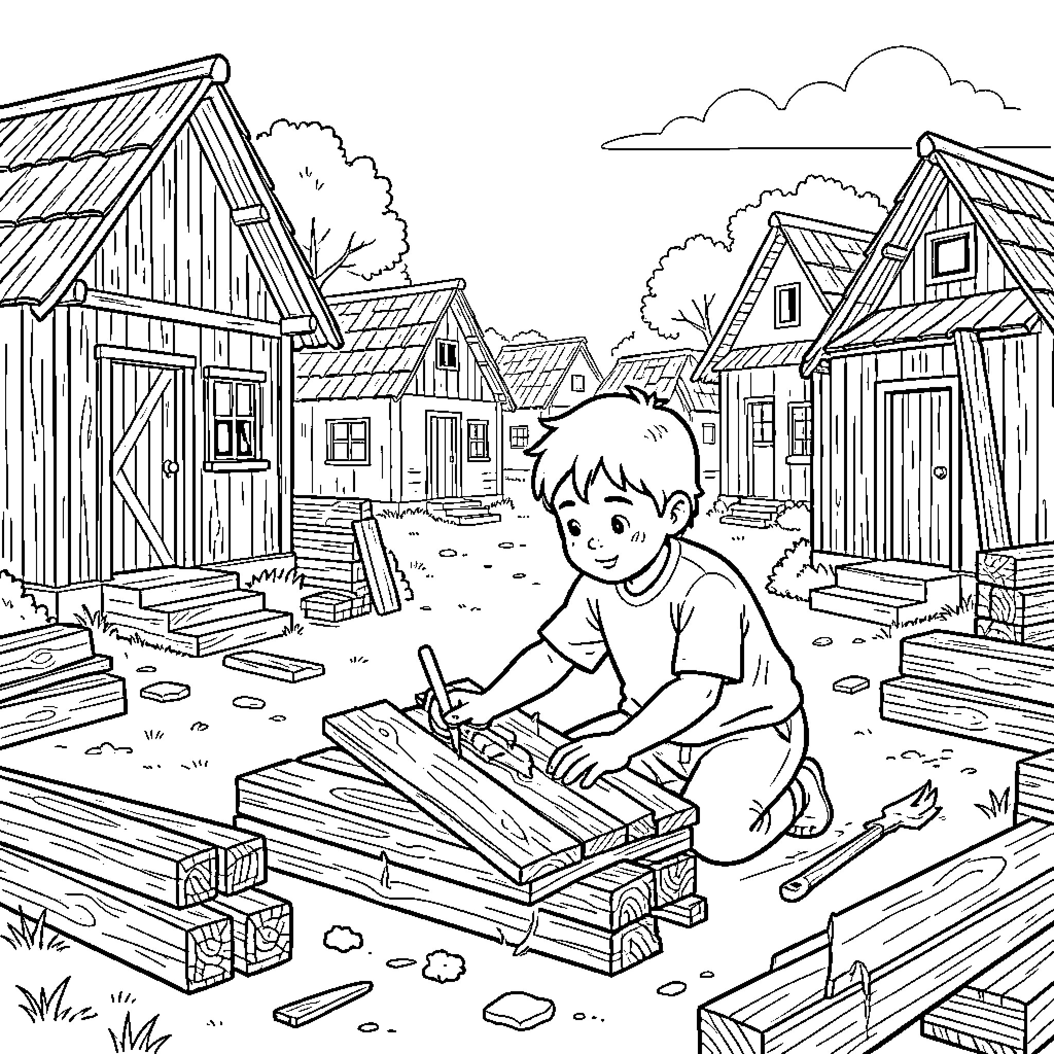 Niño construyendo una casita de madera en el pueblo Coloring Page (free black-and-white line drawing printable PDF for all, from beginners to advanced learners, including children, teens, adults, and seniors)