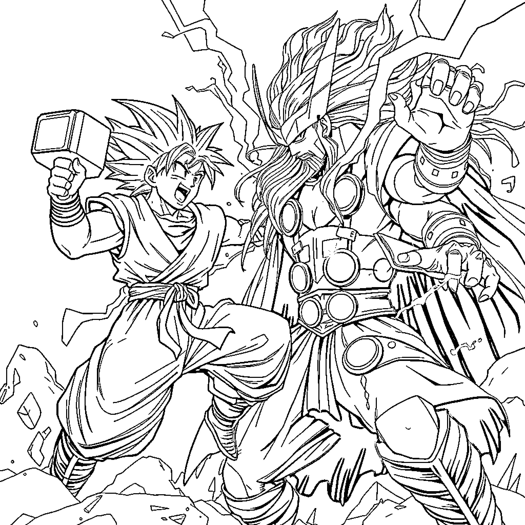 Goku battles a fierce warrior in an intense fight Coloring Page (free black-and-white line drawing printable PDF for all, from beginners to advanced learners, including children, teens, adults, and seniors)