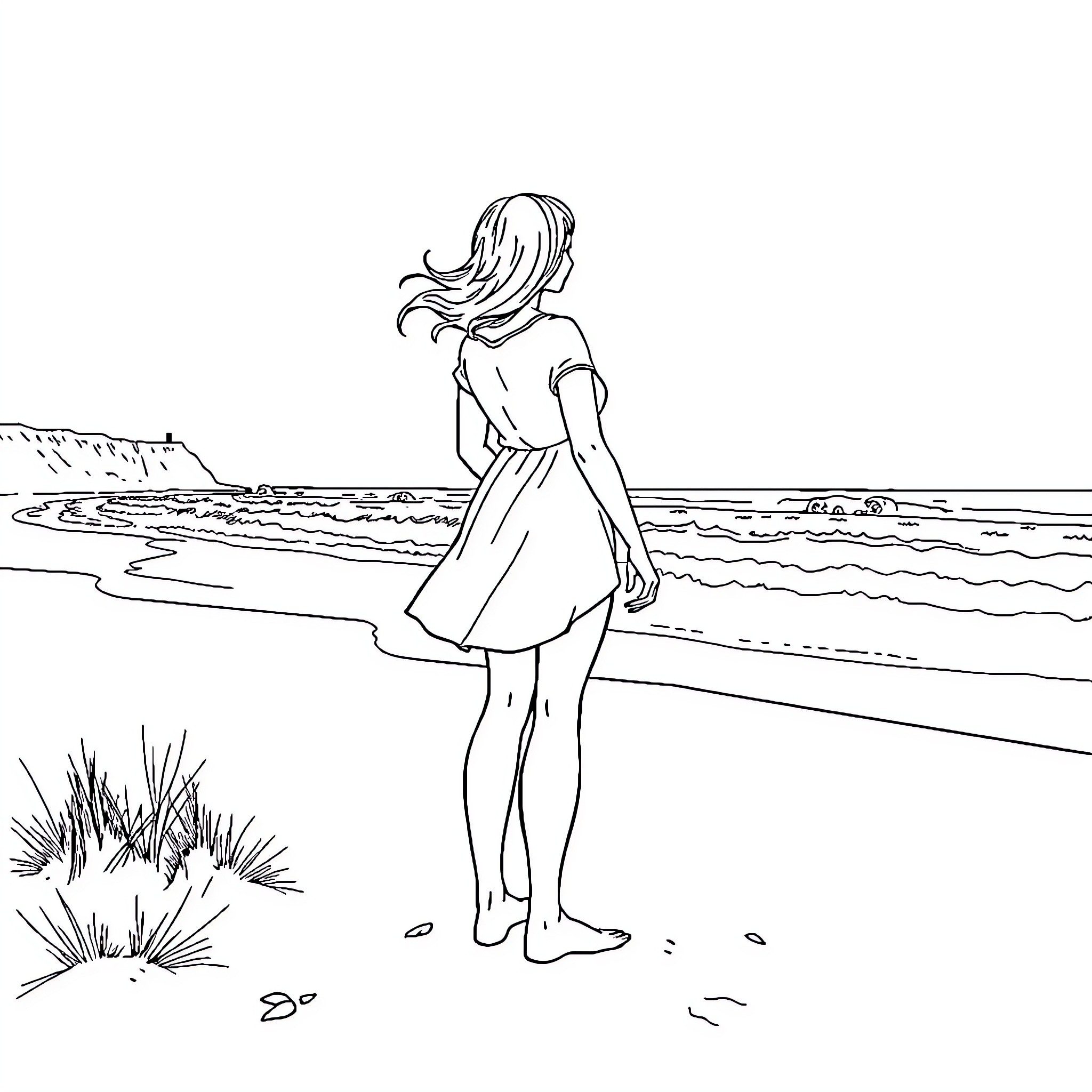 Snow White's Peaceful Stroll by the Beach Coloring Page (free black-and-white line drawing printable PDF for all, from beginners to advanced learners, including children, teens, adults, and seniors)