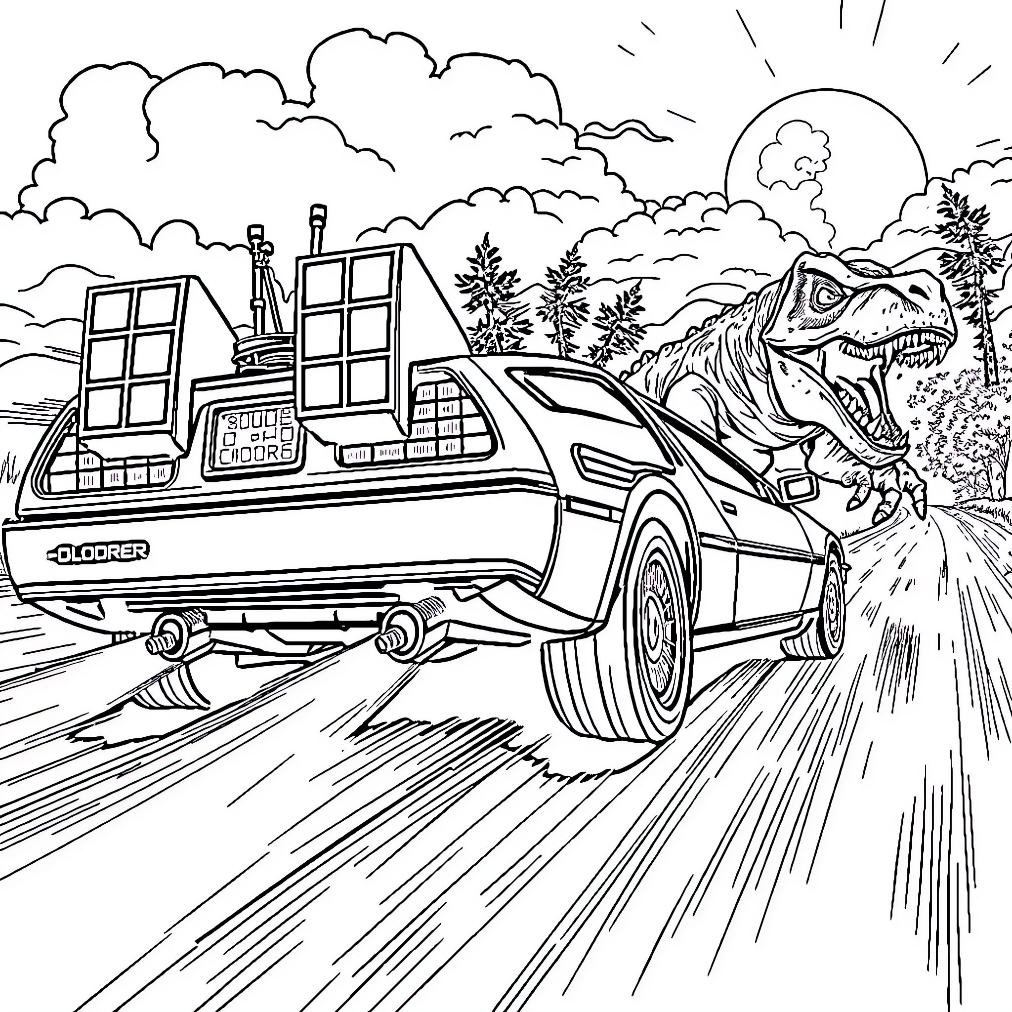 DeLorean time machine racing through the wild landscape Coloring Page (free black-and-white line drawing printable PDF for all, from beginners to advanced learners, including children, teens, adults, and seniors)