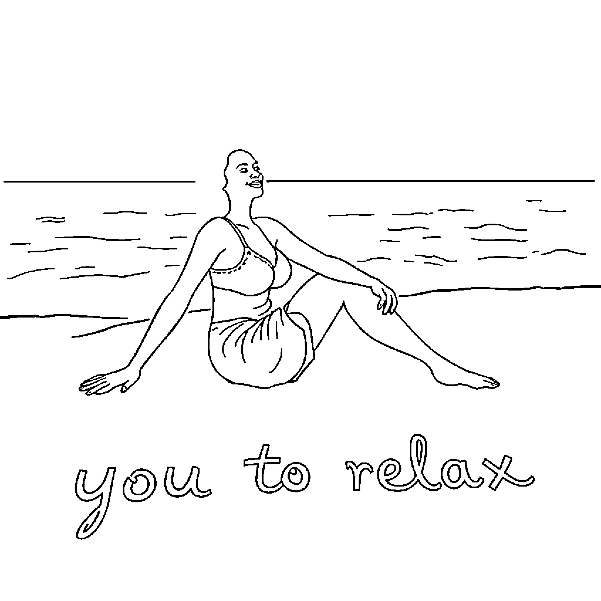 Woman Relaxing on the Beach Coloring Page (free black-and-white line drawing printable PDF for all, from beginners to advanced learners, including children, teens, adults, and seniors)