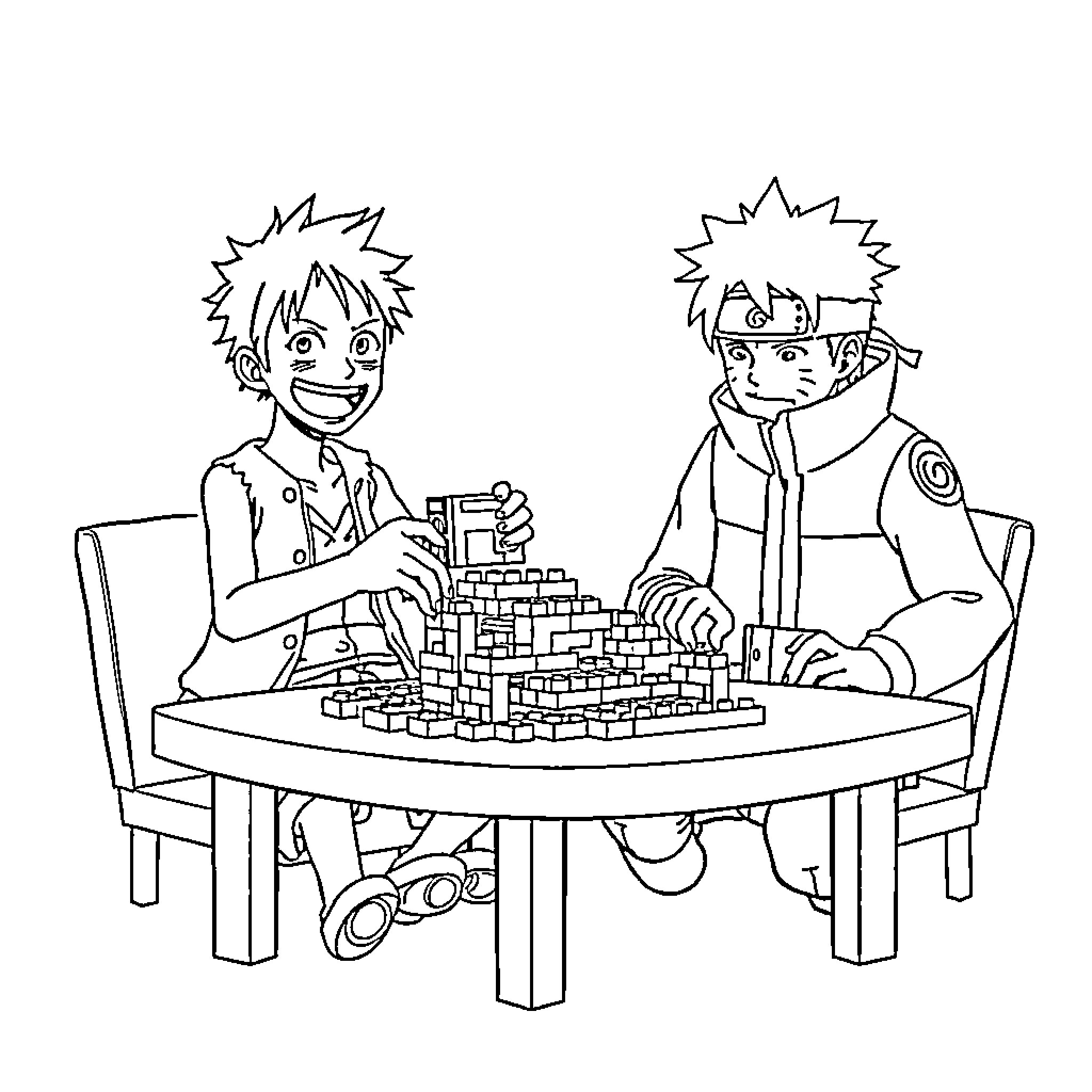 Luffy and Naruto Building Blocks Together Coloring Page (free black-and-white line drawing printable PDF for all, from beginners to advanced learners, including children, teens, adults, and seniors)