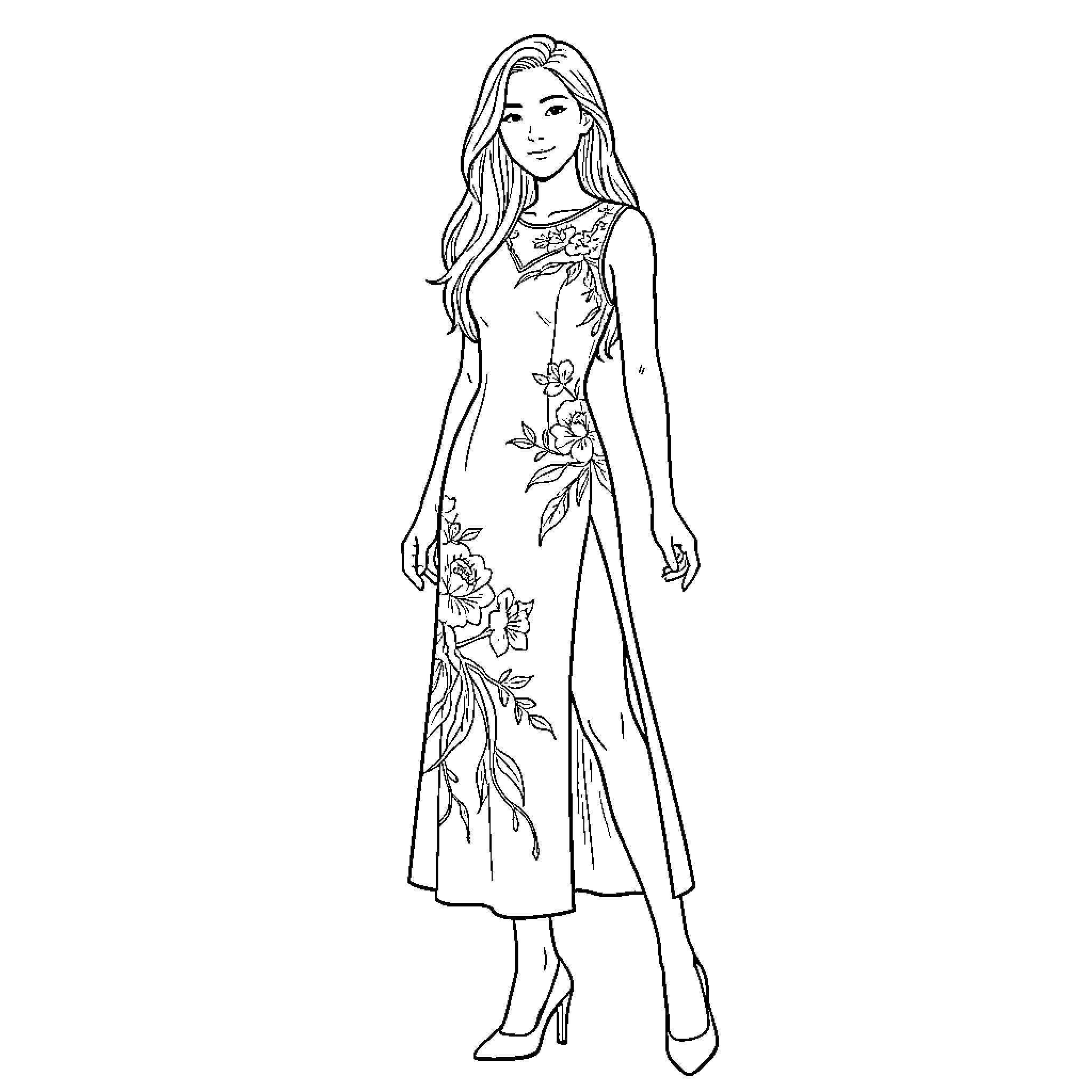 Woman in elegant floral dress posing Coloring Page (free black-and-white line drawing printable PDF for all, from beginners to advanced learners, including children, teens, adults, and seniors)
