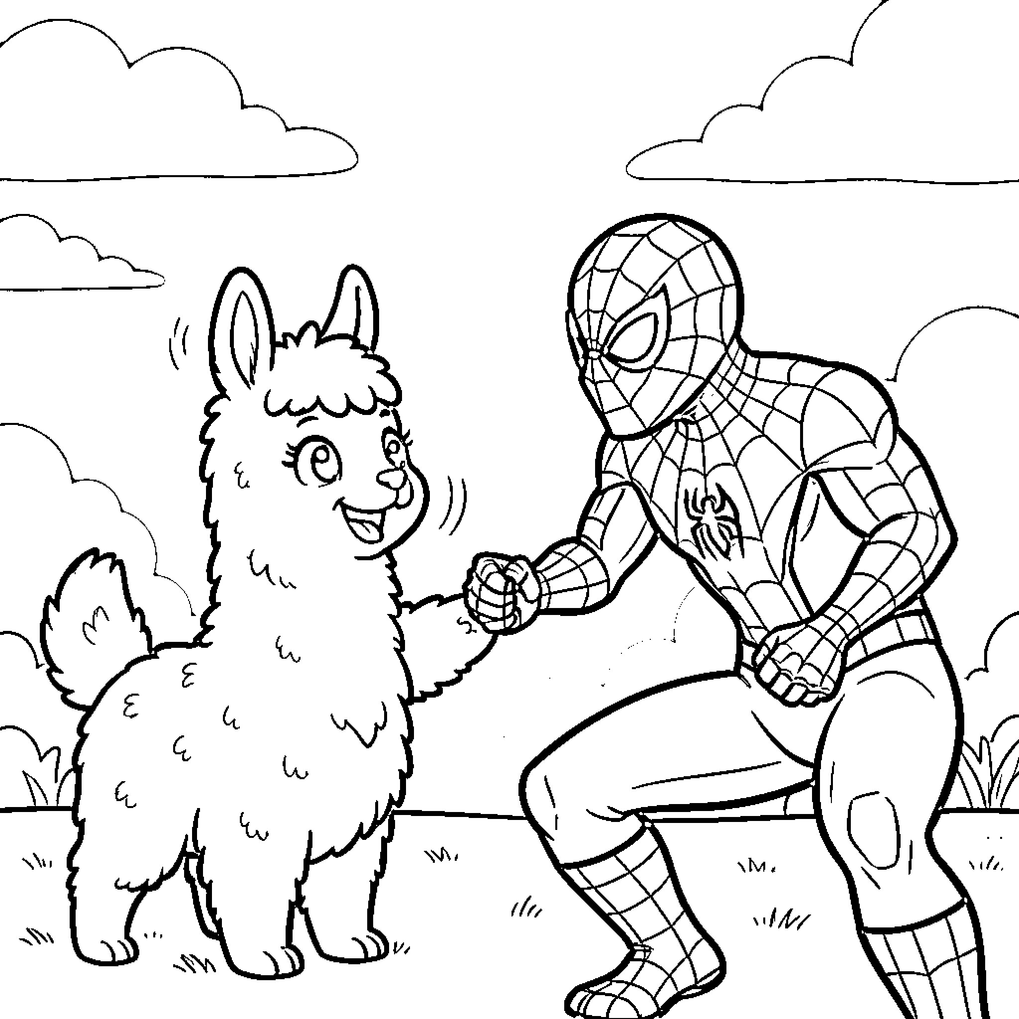 Llama and Spiderman playing together outdoors Coloring Page (free black-and-white line drawing printable PDF for all, from beginners to advanced learners, including children, teens, adults, and seniors)