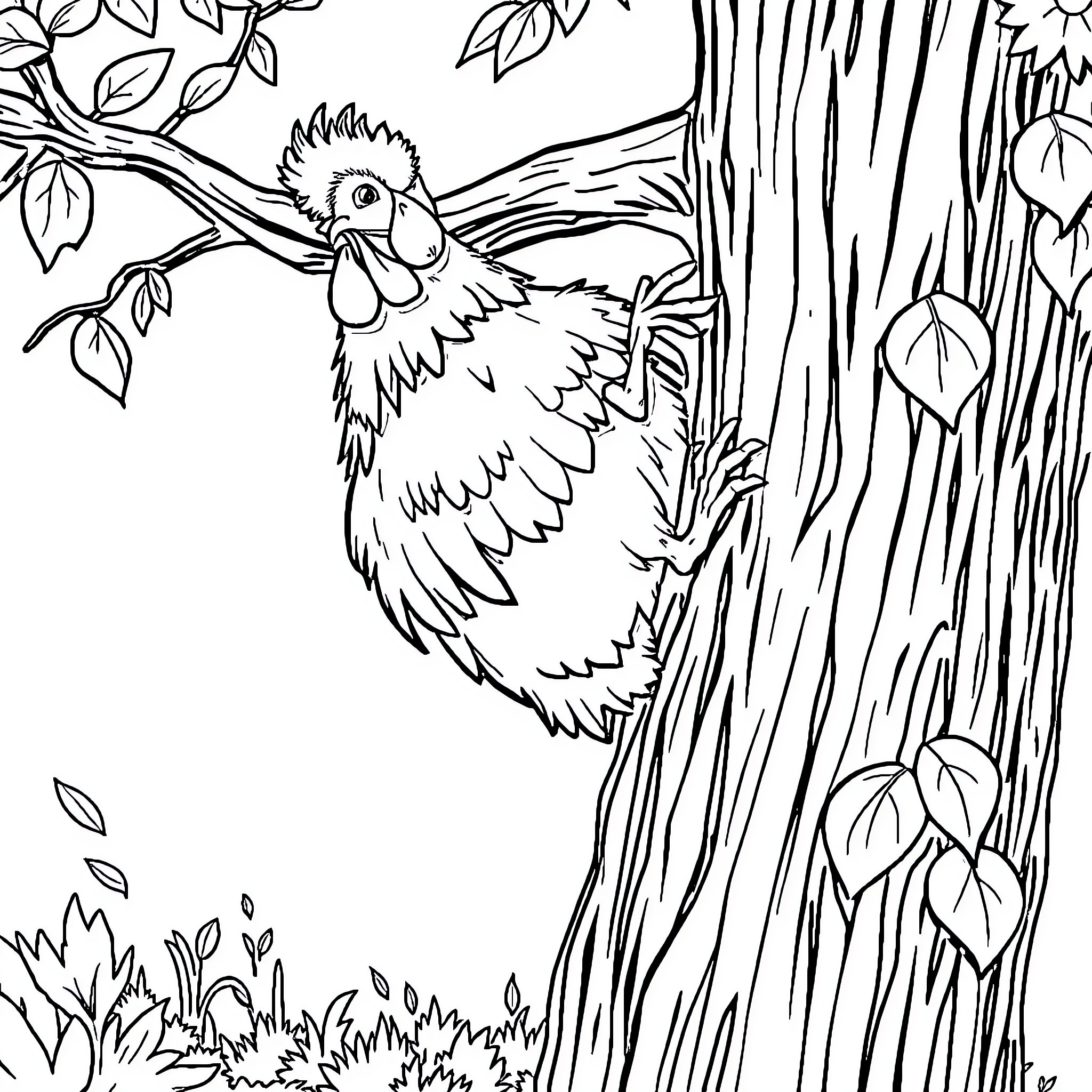 Chicken perched in forest tree Coloring Page (free black-and-white line drawing printable PDF for all, from beginners to advanced learners, including children, teens, adults, and seniors)