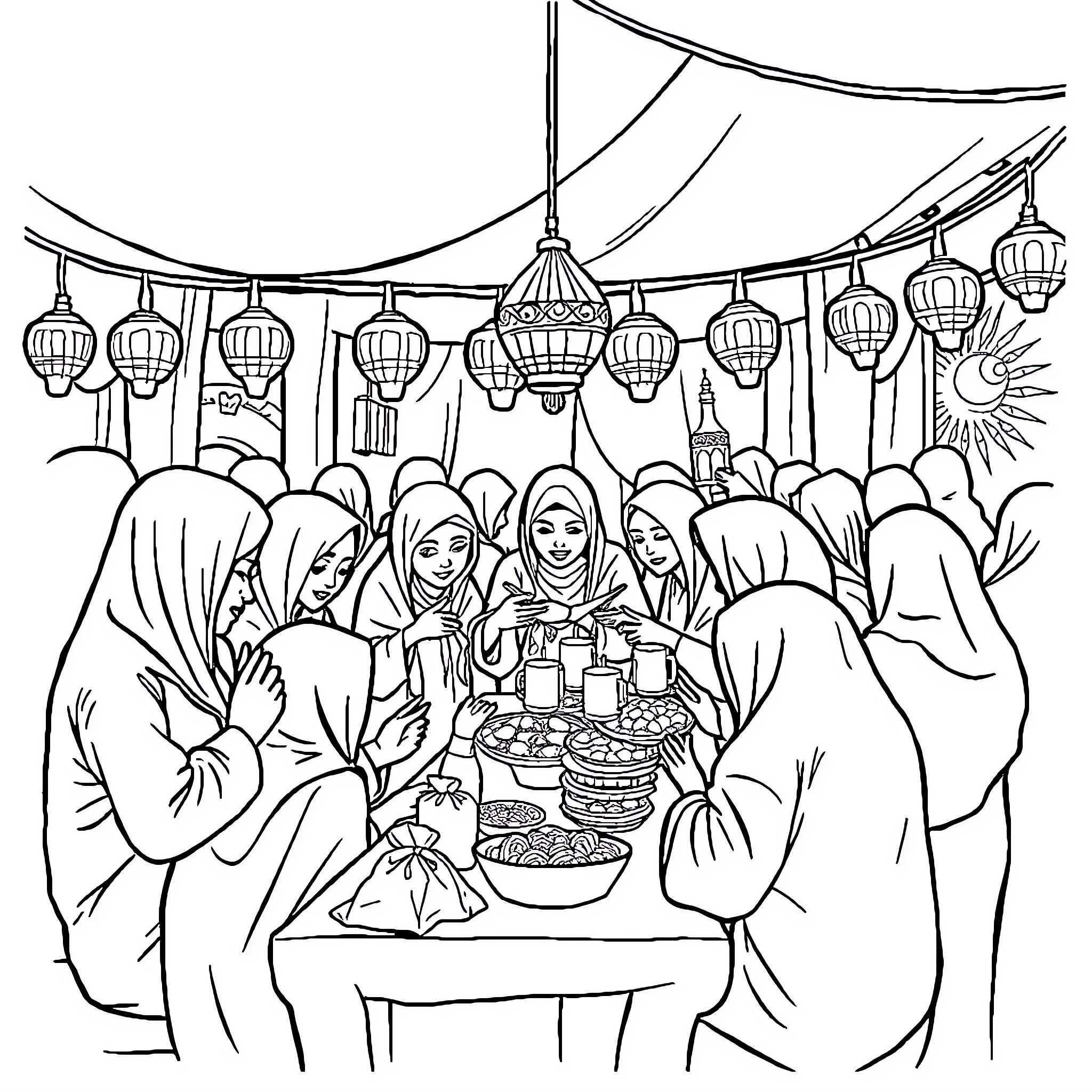 Tung Tung Women Gathered for Festive Celebration Coloring Page (free black-and-white line drawing printable PDF for all, from beginners to advanced learners, including children, teens, adults, and seniors)