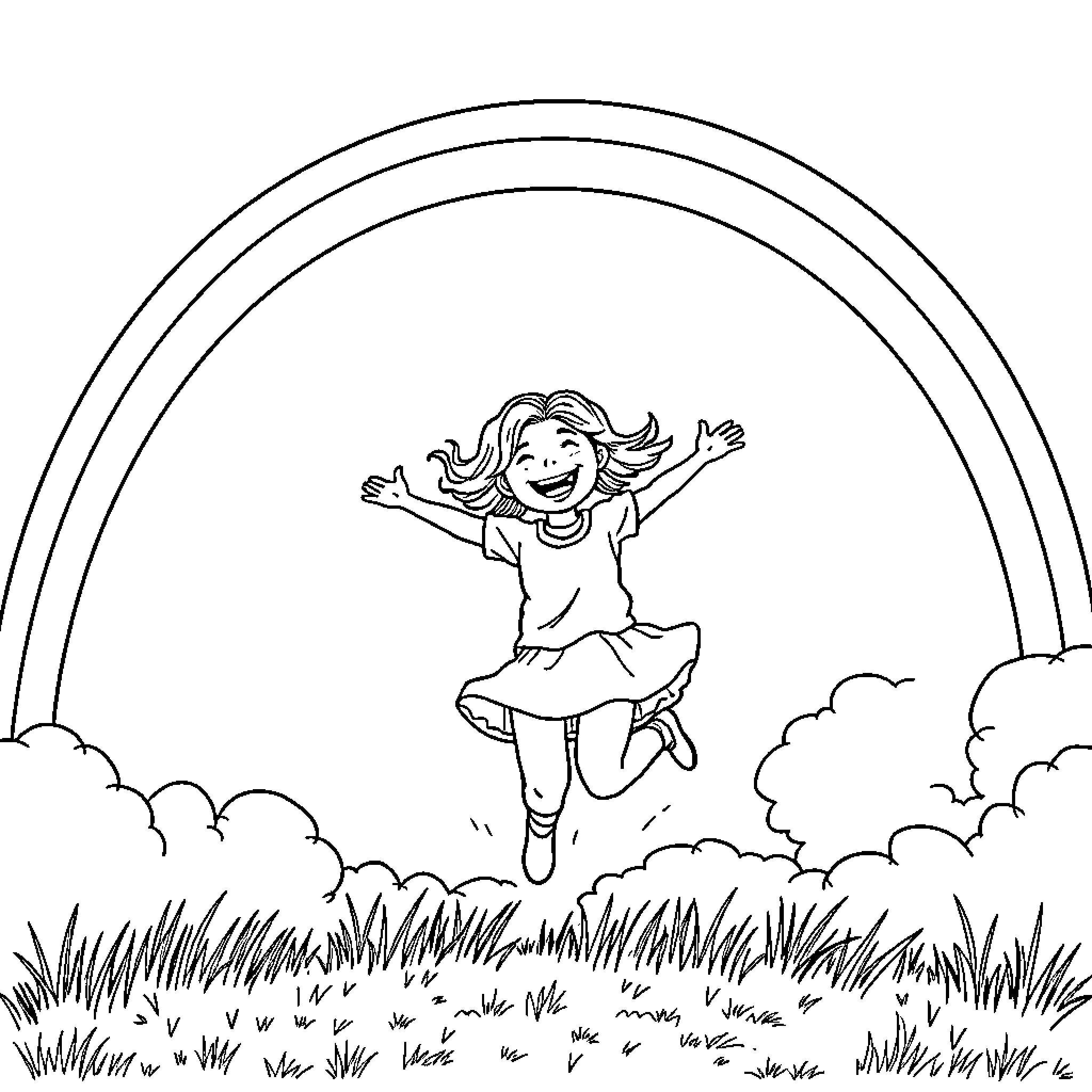 Girl joyfully jumping under a rainbow Coloring Page (free black-and-white line drawing printable PDF for all, from beginners to advanced learners, including children, teens, adults, and seniors)