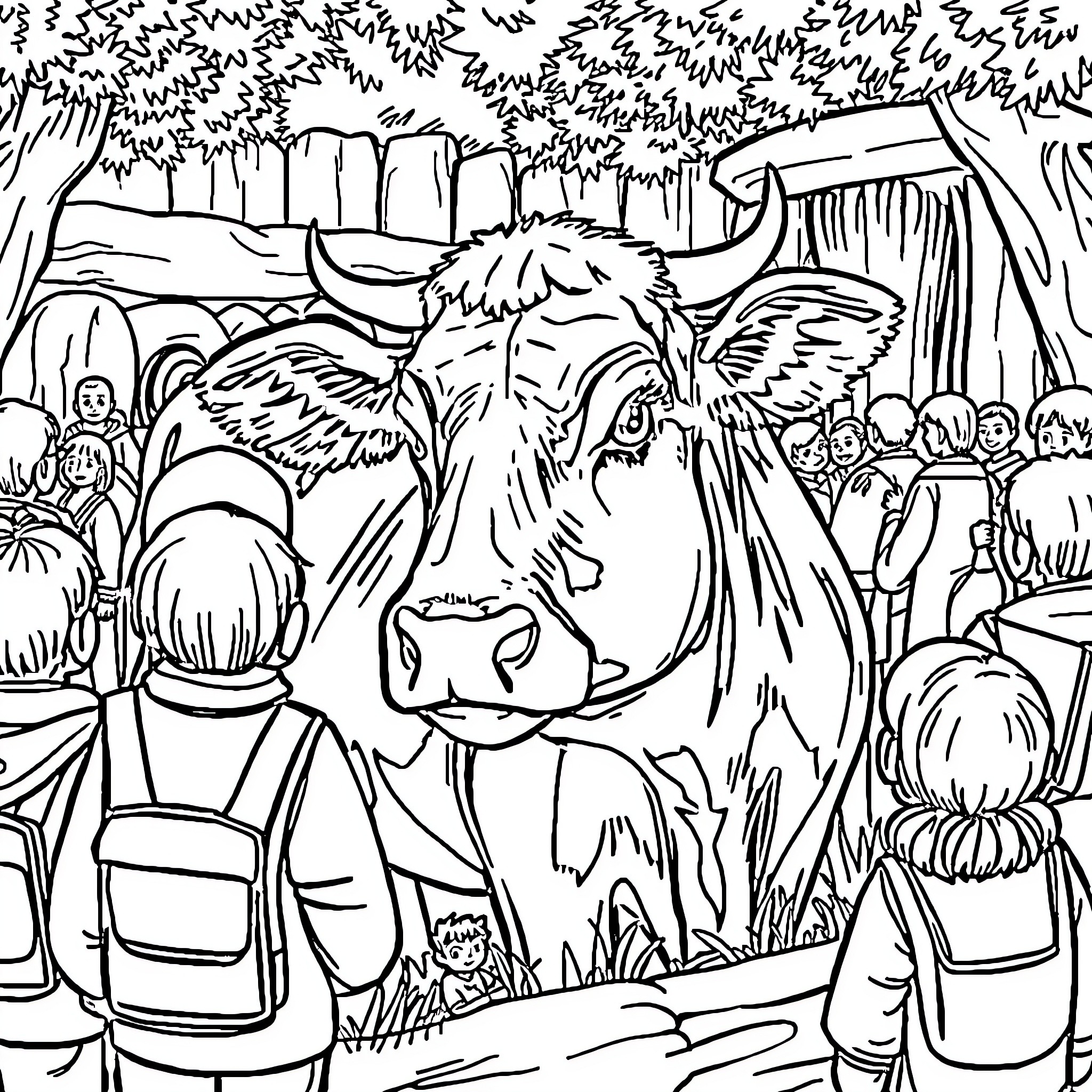 Cow enjoying a scenic rural landscape Coloring Page (free black-and-white line drawing printable PDF for all, from beginners to advanced learners, including children, teens, adults, and seniors)