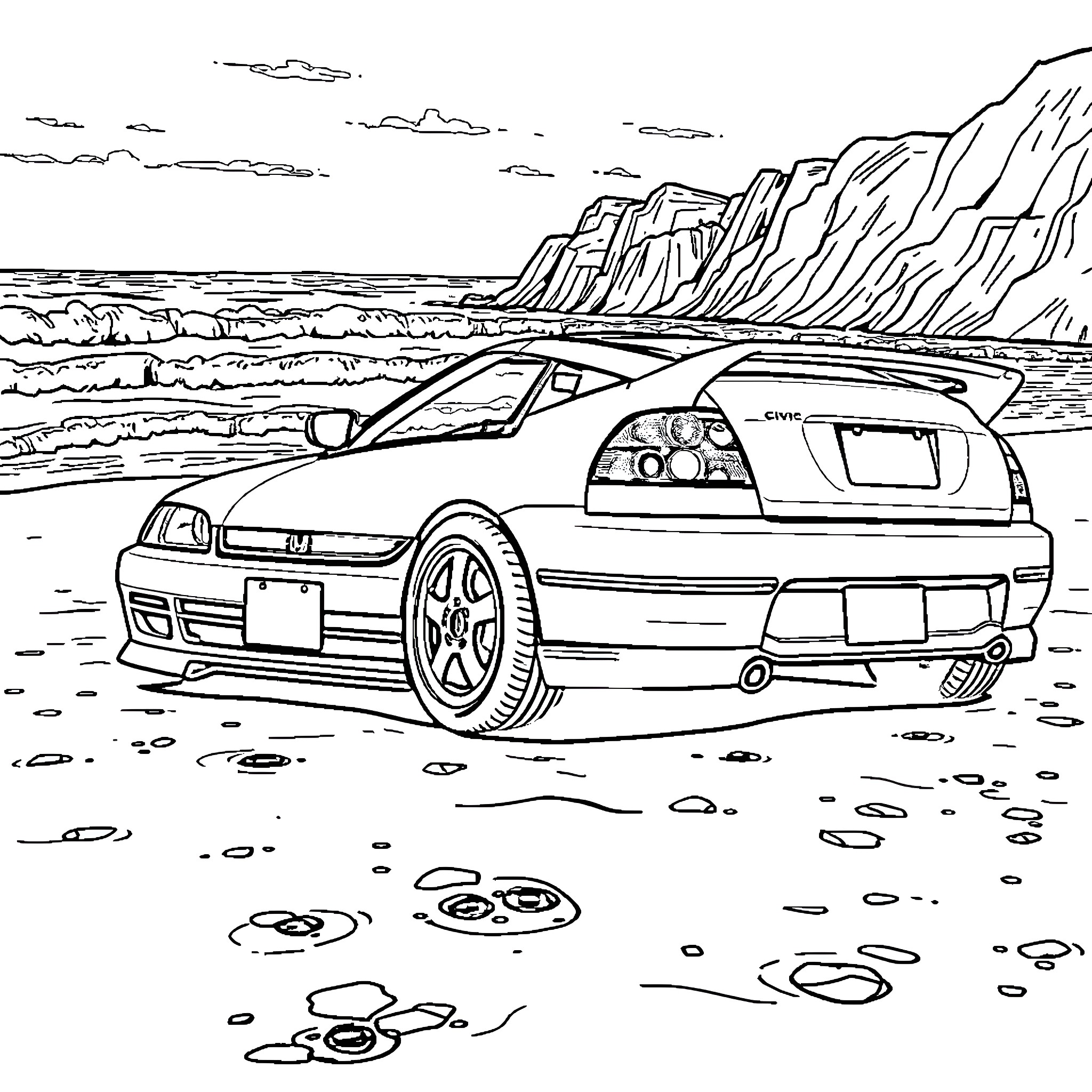 Honda Civic parked on the beach Coloring Page (free black-and-white line drawing printable PDF for all, from beginners to advanced learners, including children, teens, adults, and seniors)