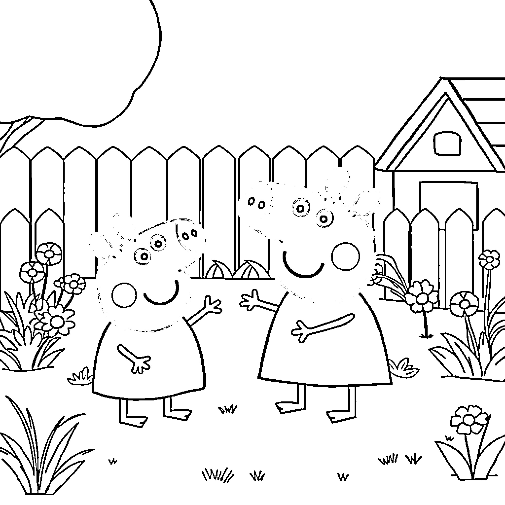 Peppa Pig and Friends Playing in the Garden Coloring Page (free black-and-white line drawing printable PDF for all, from beginners to advanced learners, including children, teens, adults, and seniors)