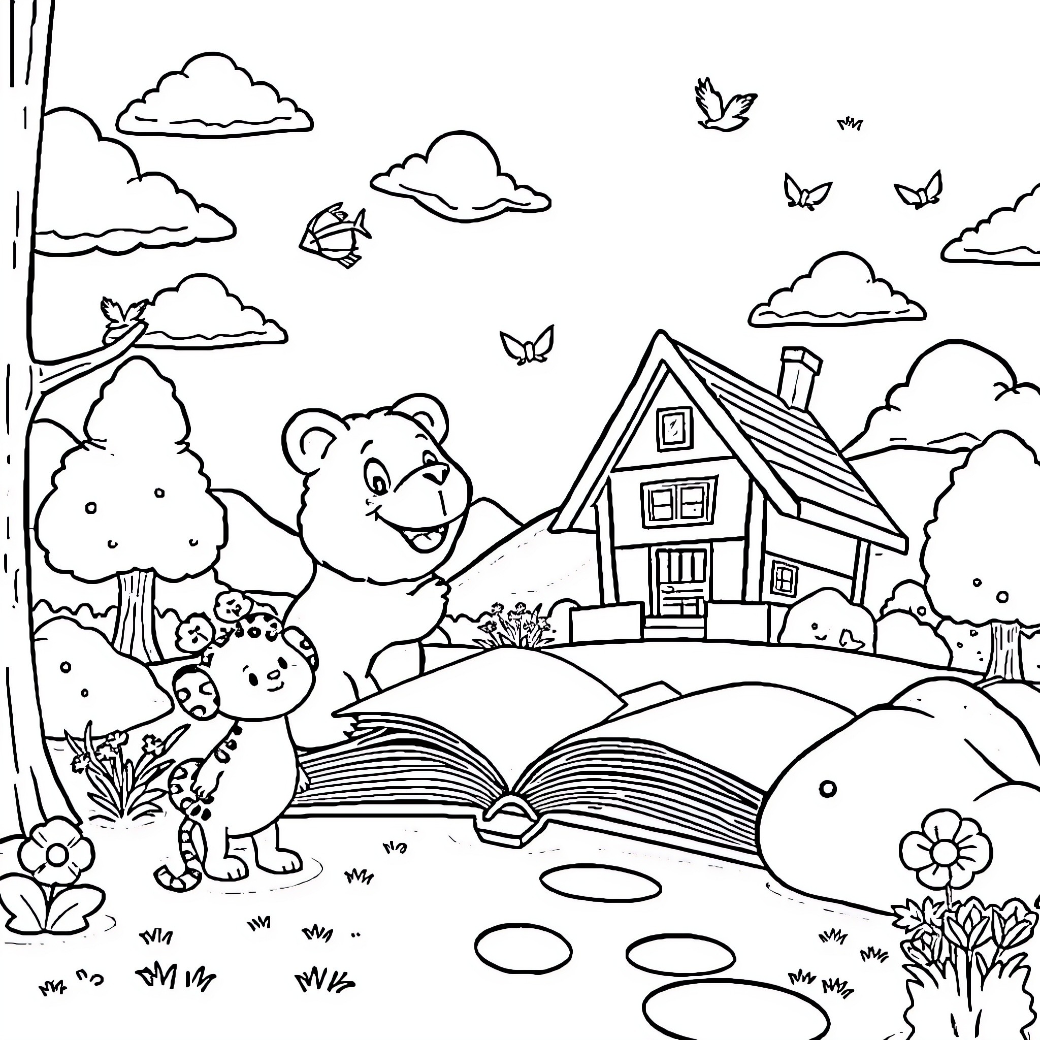 Book of a bear and friends exploring a magical landscape Coloring Page (free black-and-white line drawing printable PDF for all, from beginners to advanced learners, including children, teens, adults, and seniors)