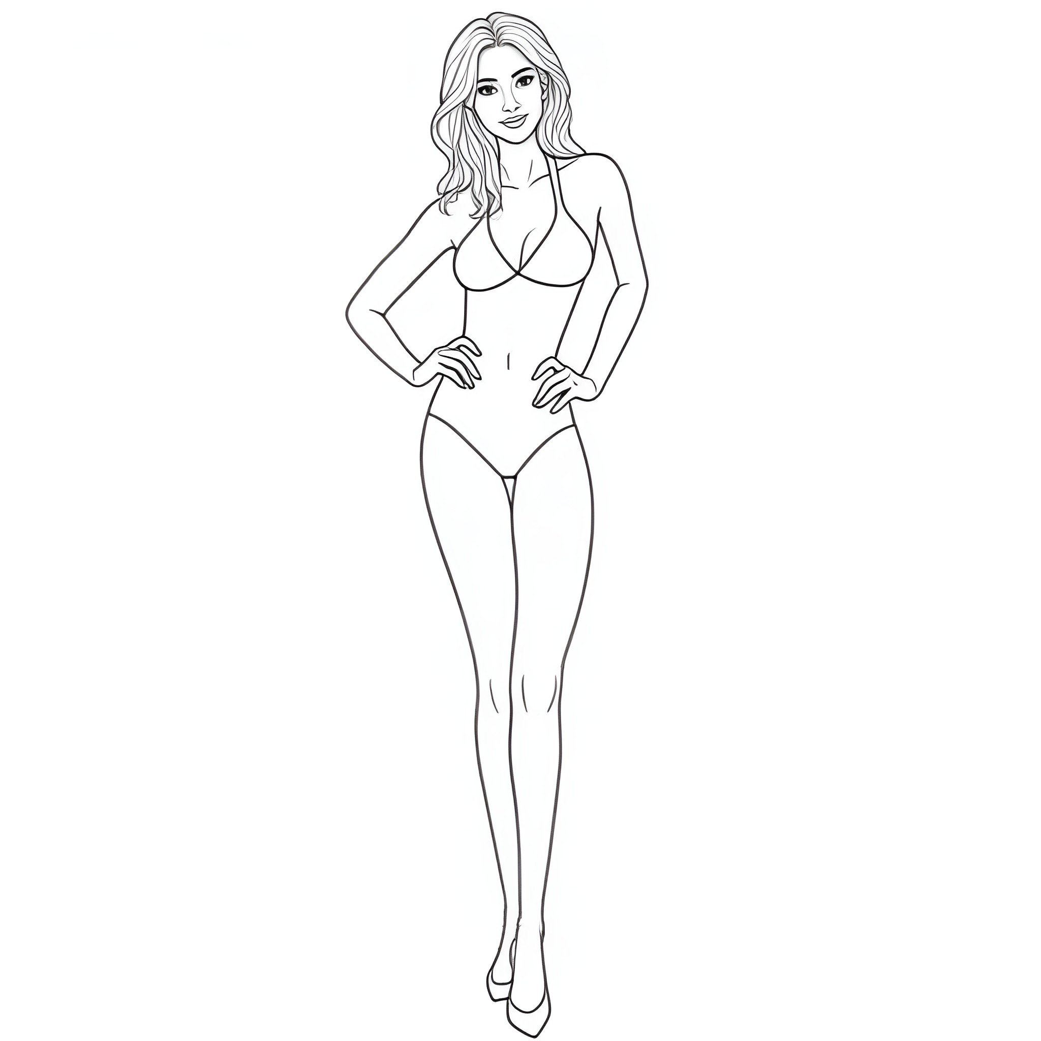 Woman in swimsuit posing confidently Coloring Page (free black-and-white line drawing printable PDF for all, from beginners to advanced learners, including children, teens, adults, and seniors)