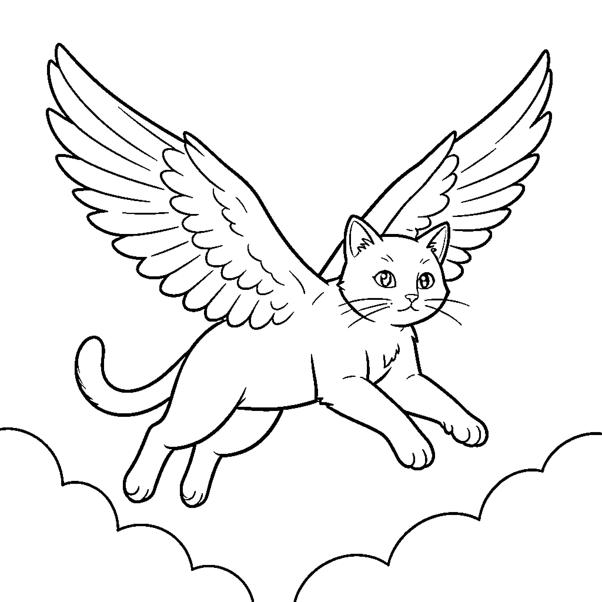 Flying Cat Soaring in the Clouds Coloring Page (free black-and-white line drawing printable PDF for all, from beginners to advanced learners, including children, teens, adults, and seniors)