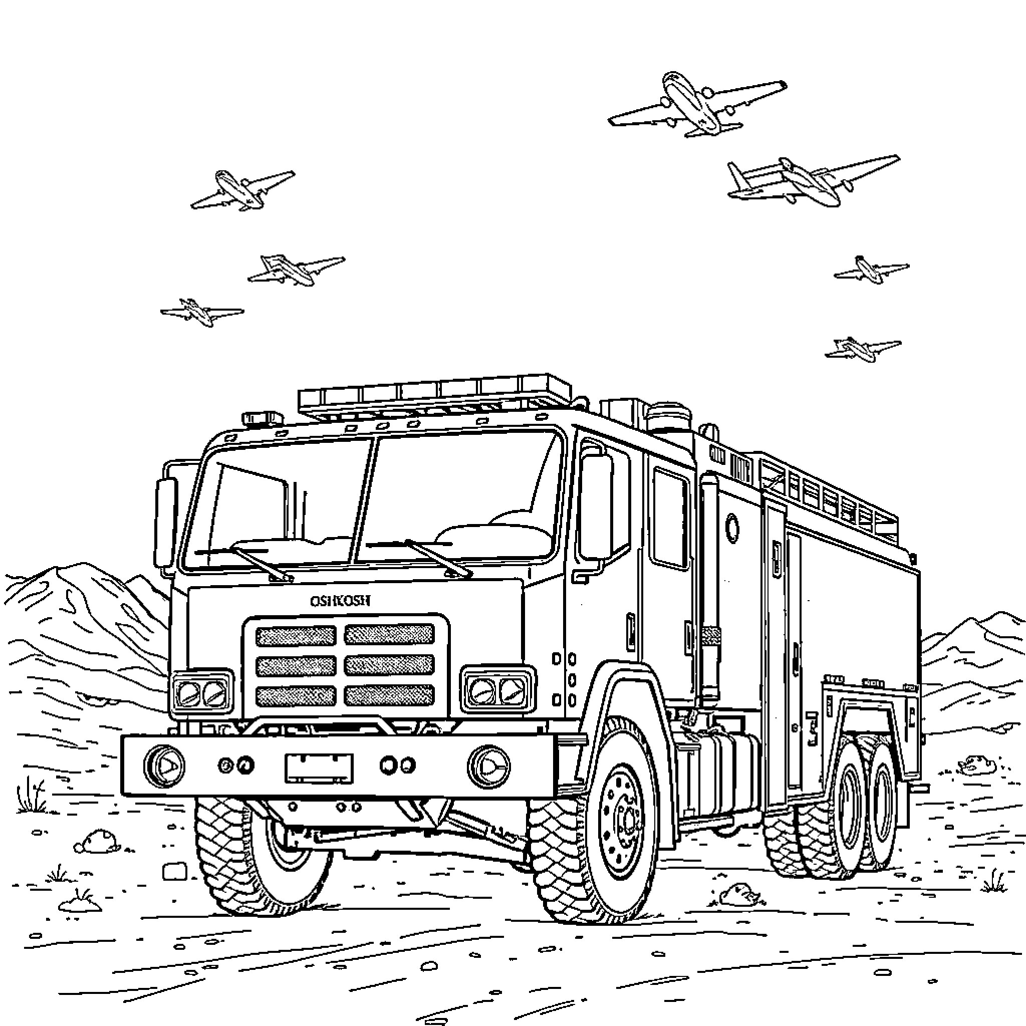 Fire Truck Responding to Emergency Situation Coloring Page (free black-and-white line drawing printable PDF for all, from beginners to advanced learners, including children, teens, adults, and seniors)