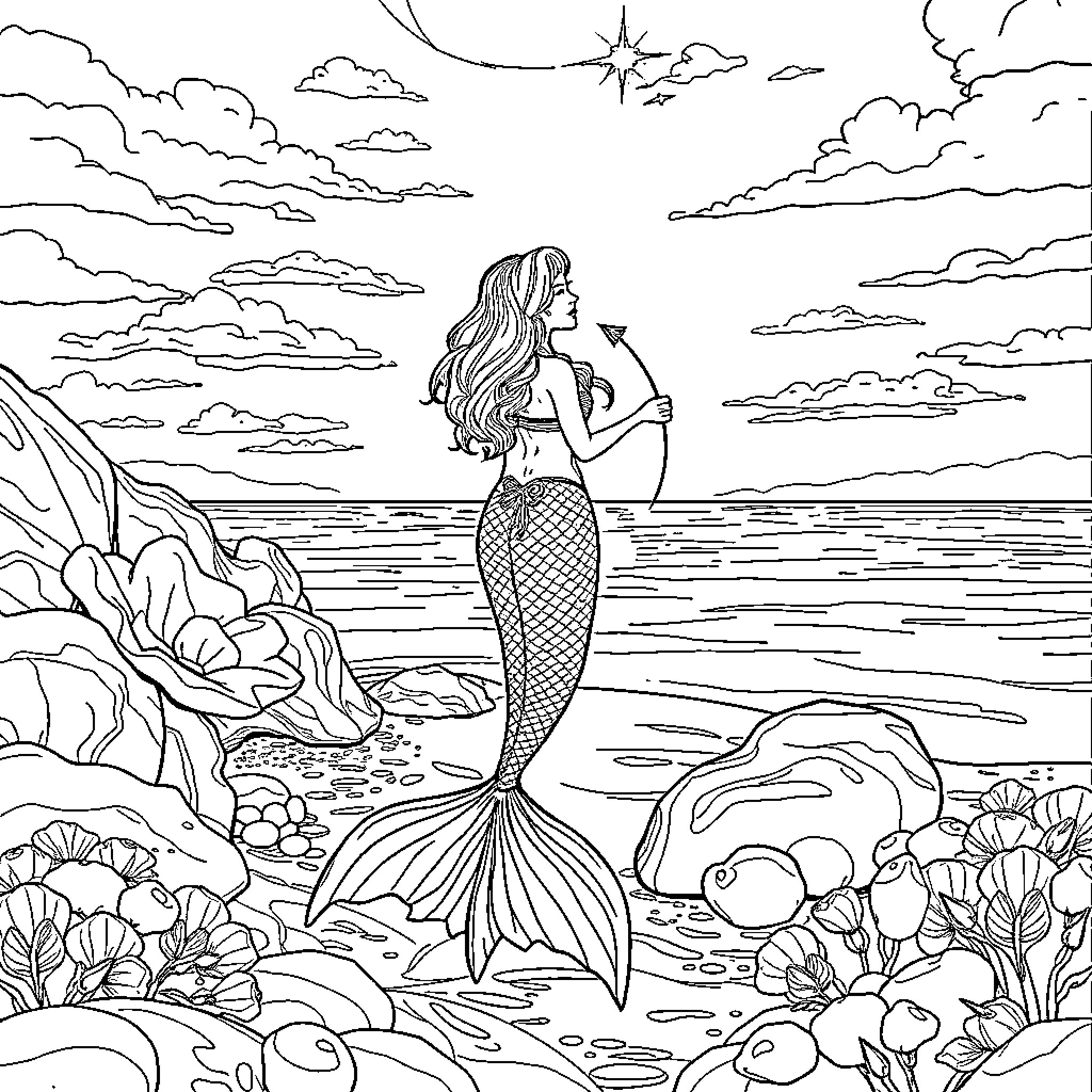 Sirena admiring the ocean scenery Coloring Page (free black-and-white line drawing printable PDF for all, from beginners to advanced learners, including children, teens, adults, and seniors)