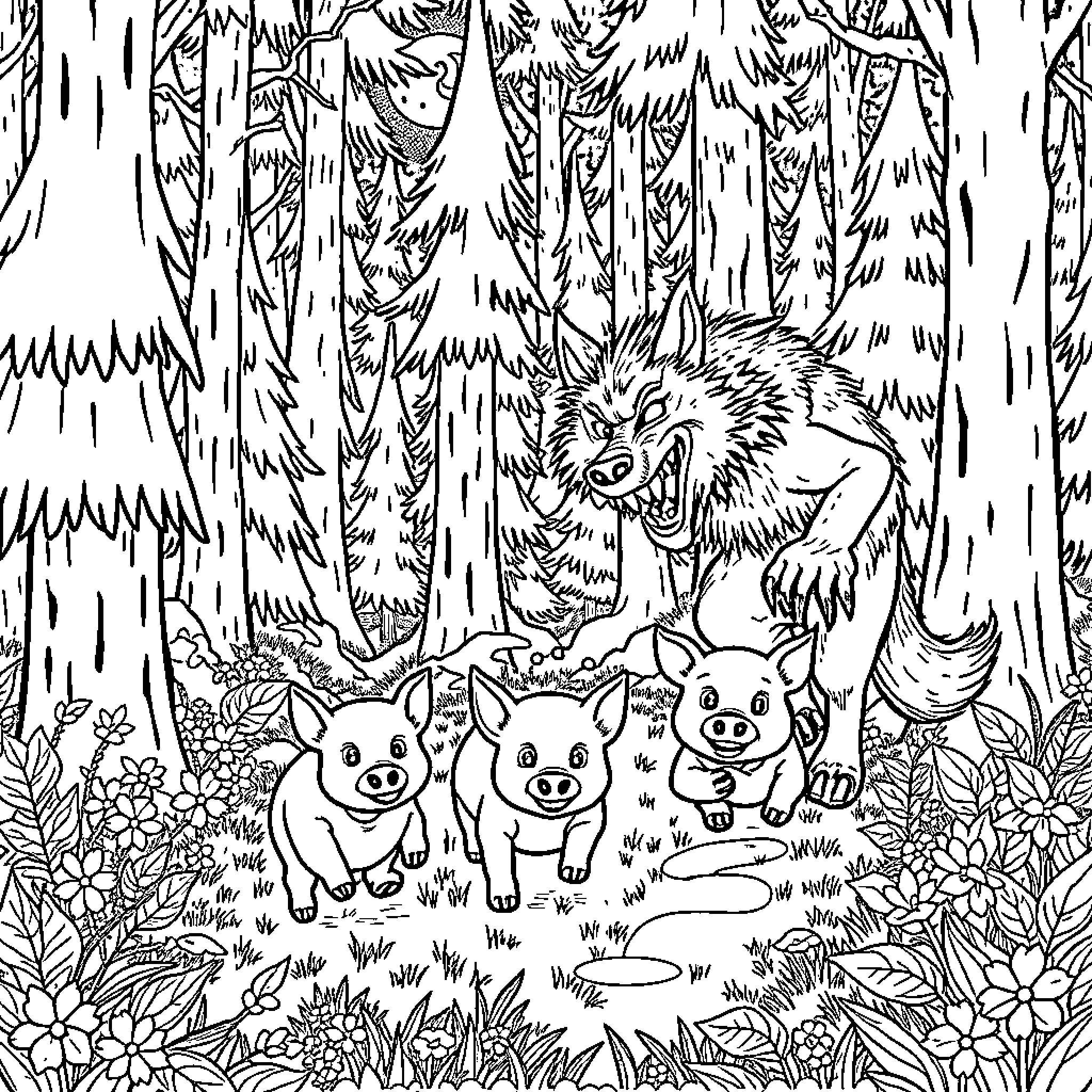 Wolf Exploring the Enchanted Forest with Playful Piglets Coloring Page (free black-and-white line drawing printable PDF for all, from beginners to advanced learners, including children, teens, adults, and seniors)