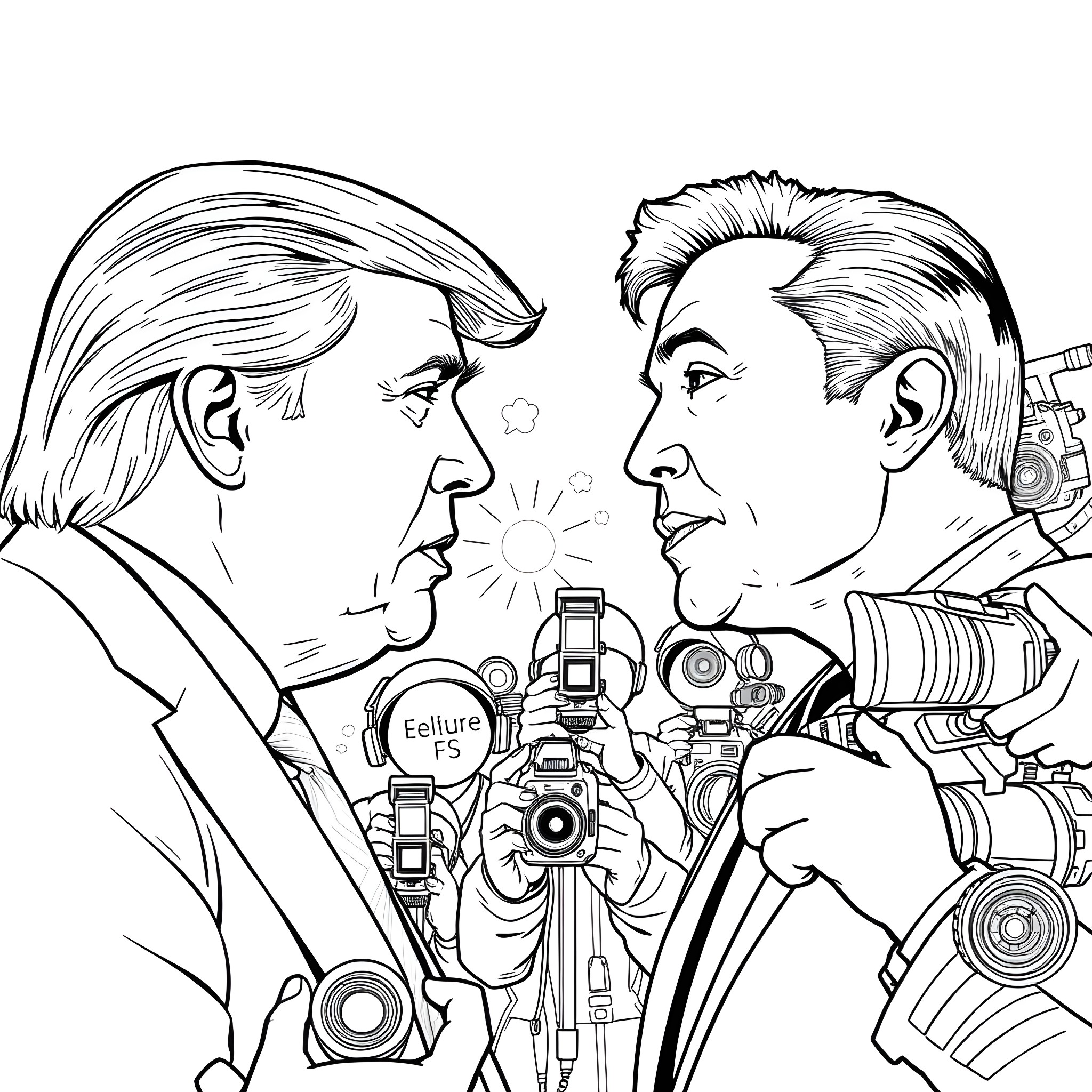 Donald Trump facing off with photographer in tense confrontation Coloring Page (free black-and-white line drawing printable PDF for all, from beginners to advanced learners, including children, teens, adults, and seniors)