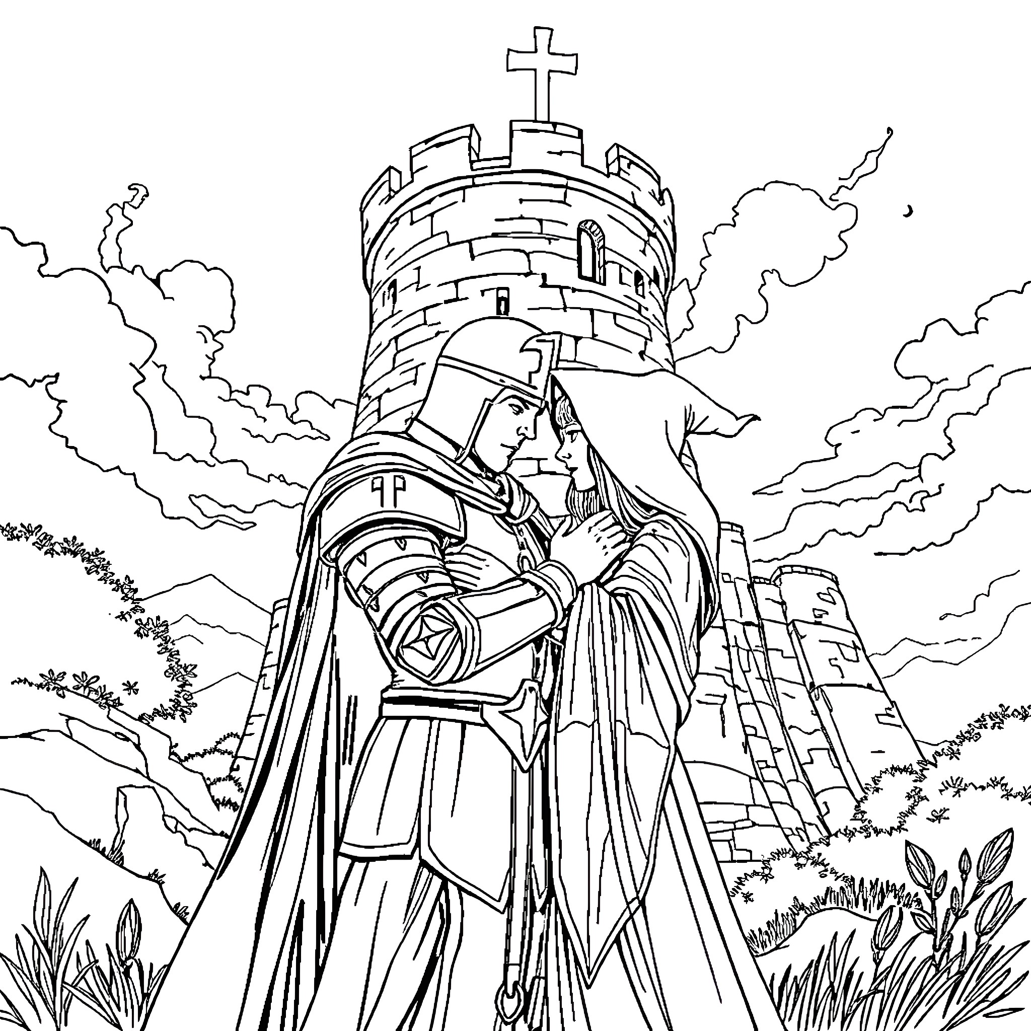 Templar Knight Guarding the Fortified Castle Coloring Page (free black-and-white line drawing printable PDF for all, from beginners to advanced learners, including children, teens, adults, and seniors)