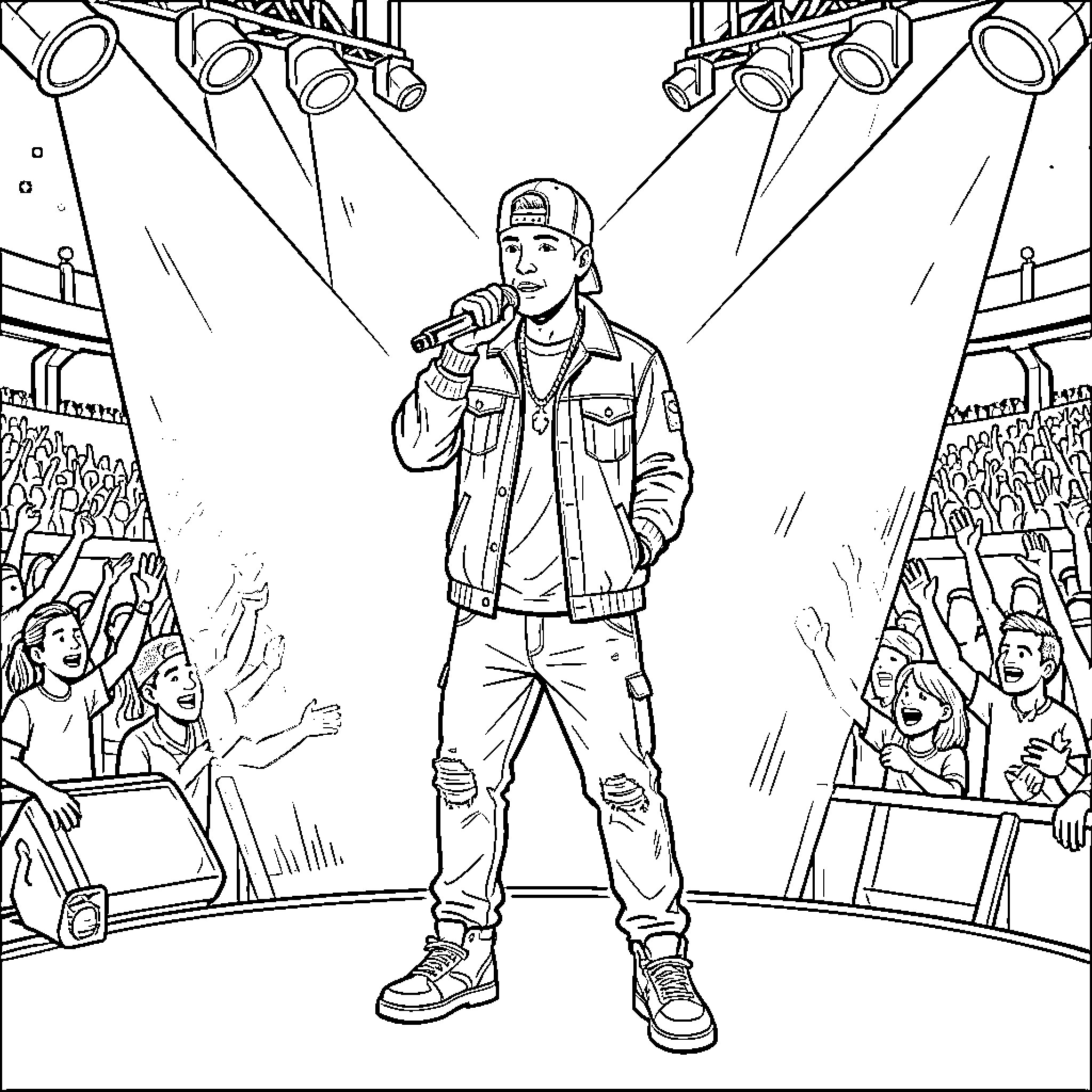 Eminem performing on stage before an enthusiastic crowd Coloring Page (free black-and-white line drawing printable PDF for all, from beginners to advanced learners, including children, teens, adults, and seniors)