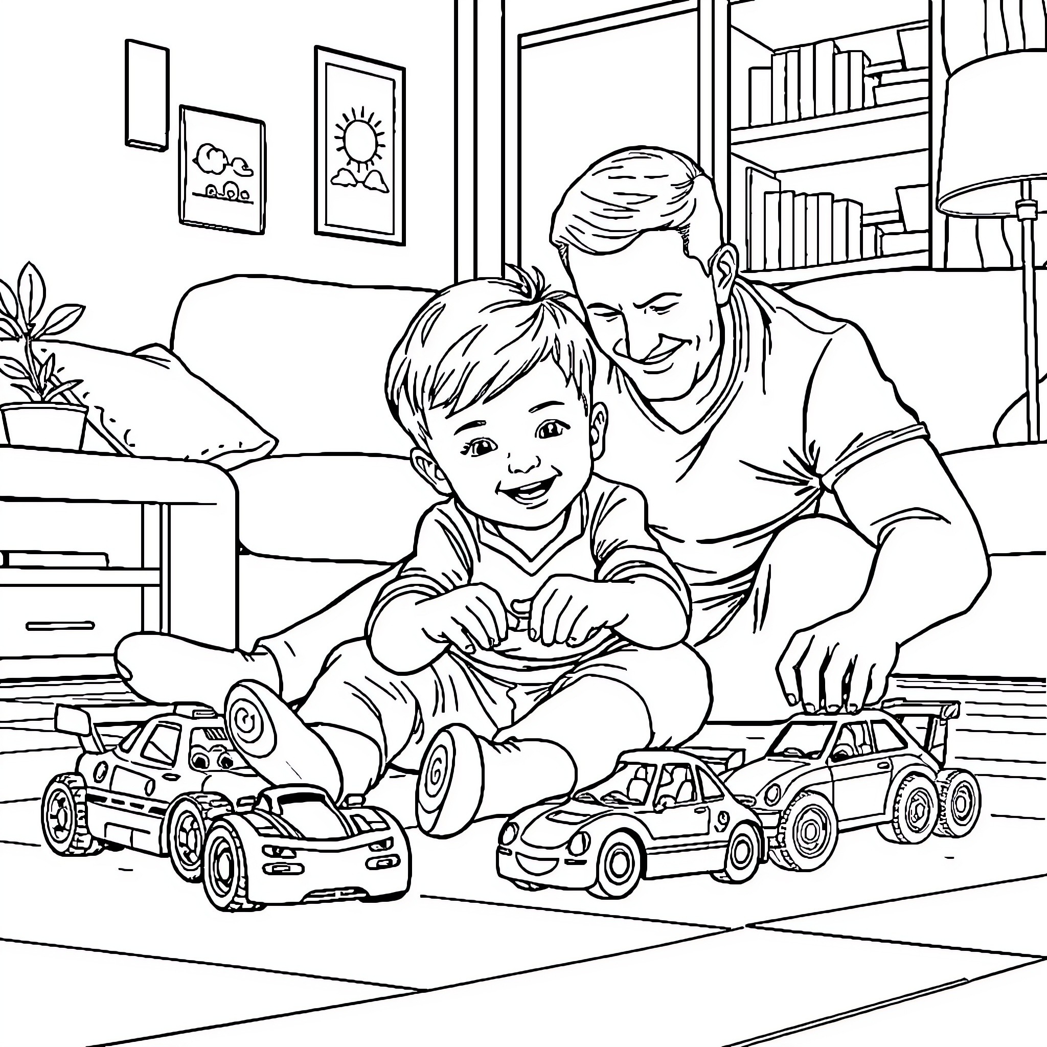 Boy Playing with Toy Cars with Parent Coloring Page (free black-and-white line drawing printable PDF for all, from beginners to advanced learners, including children, teens, adults, and seniors)