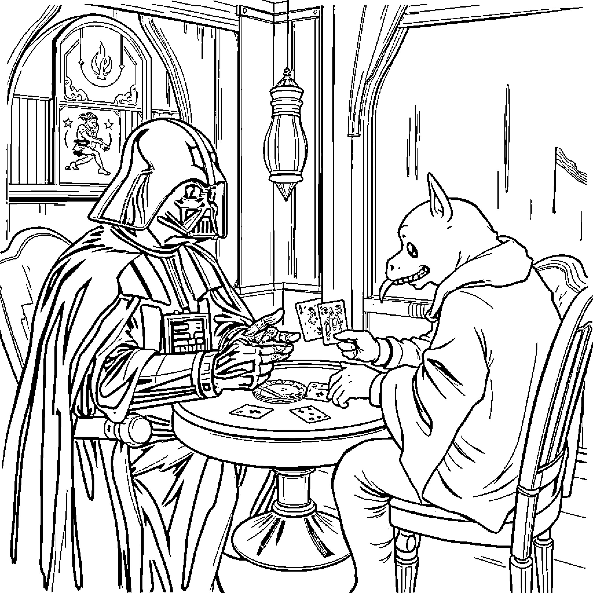 Rummi's Galactic Gaming Session Coloring Page (free black-and-white line drawing printable PDF for all, from beginners to advanced learners, including children, teens, adults, and seniors)