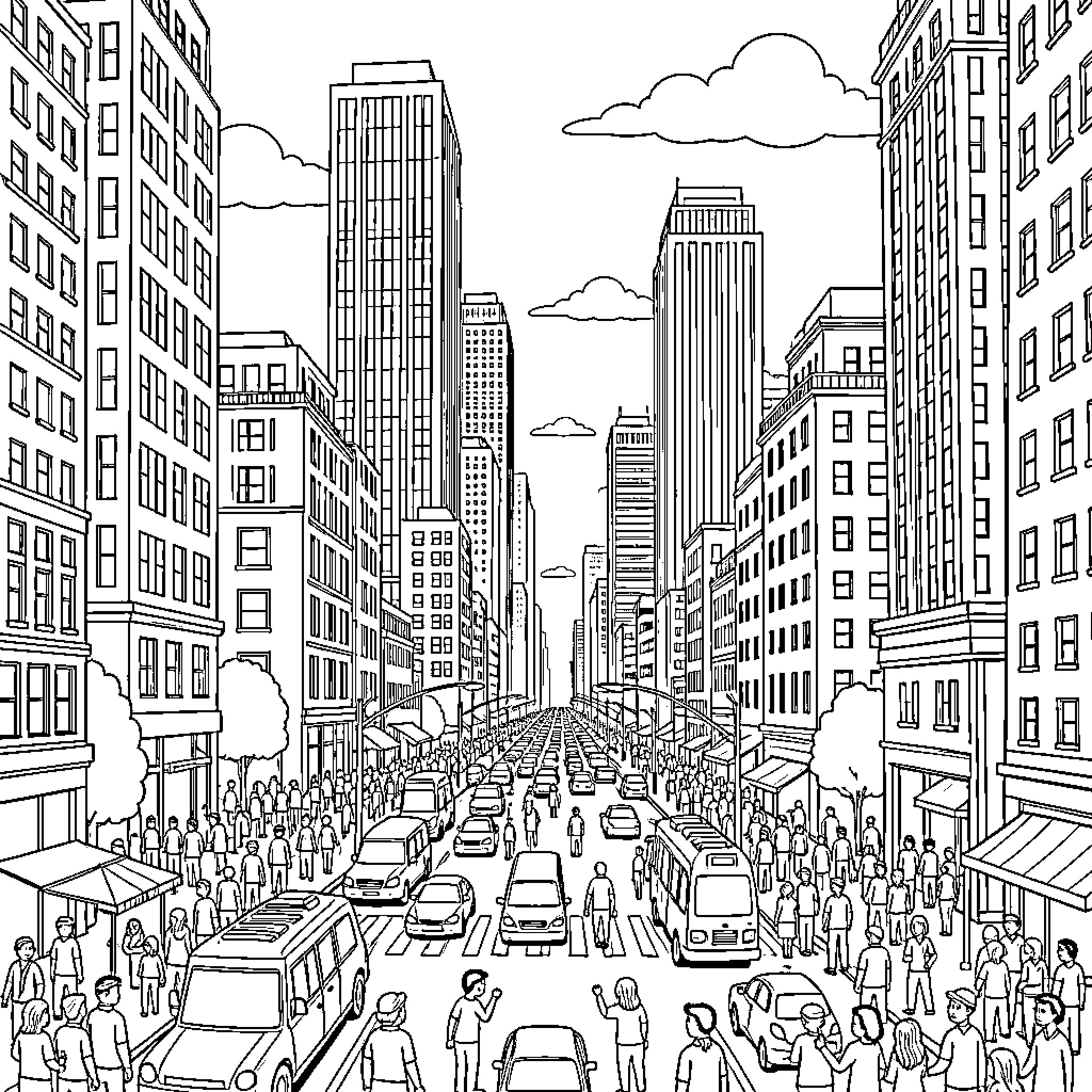 City with Bustling Street Scene Coloring Page (free black-and-white line drawing printable PDF for all, from beginners to advanced learners, including children, teens, adults, and seniors)