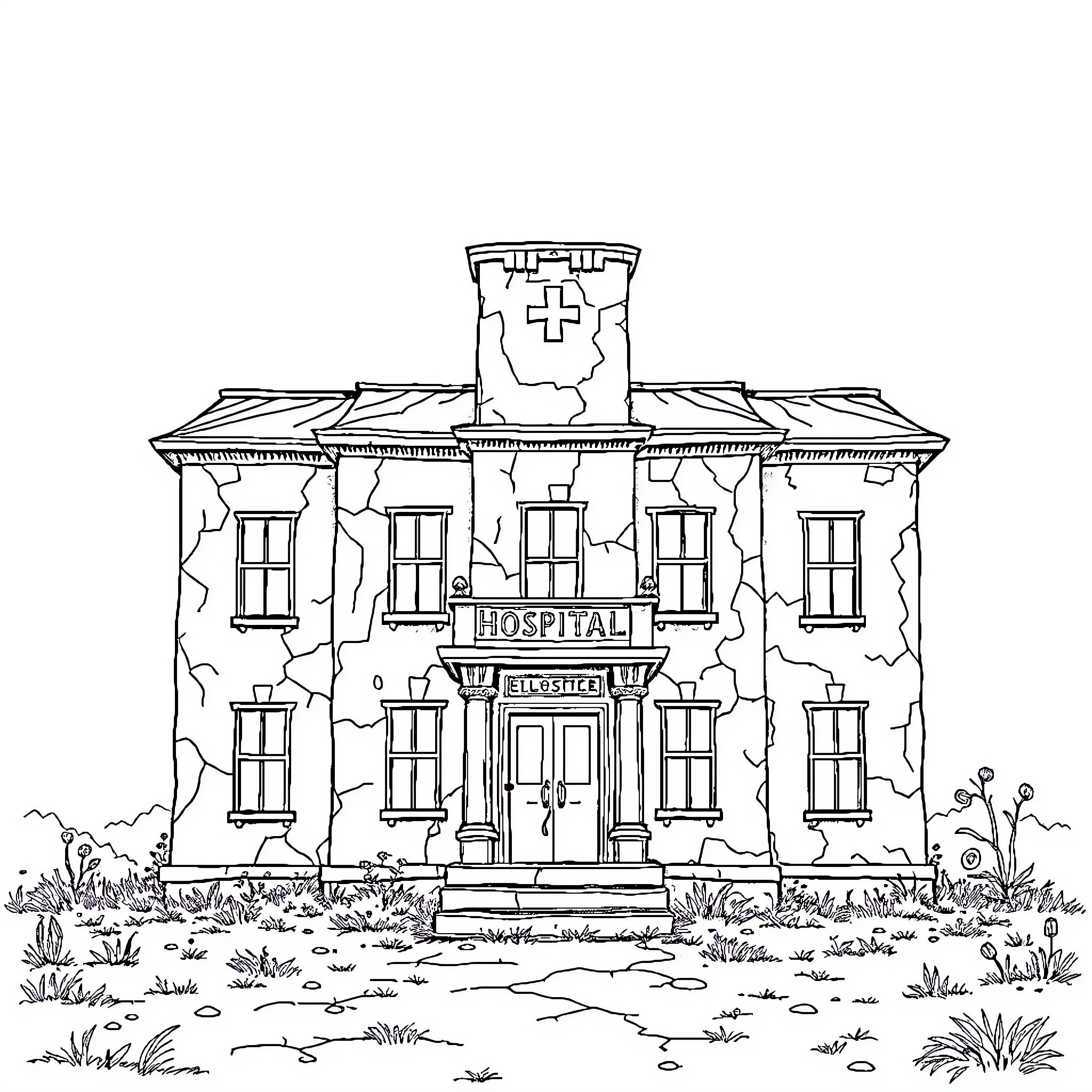 Hospital Building with Damaged Exterior Coloring Page (free black-and-white line drawing printable PDF for all, from beginners to advanced learners, including children, teens, adults, and seniors)