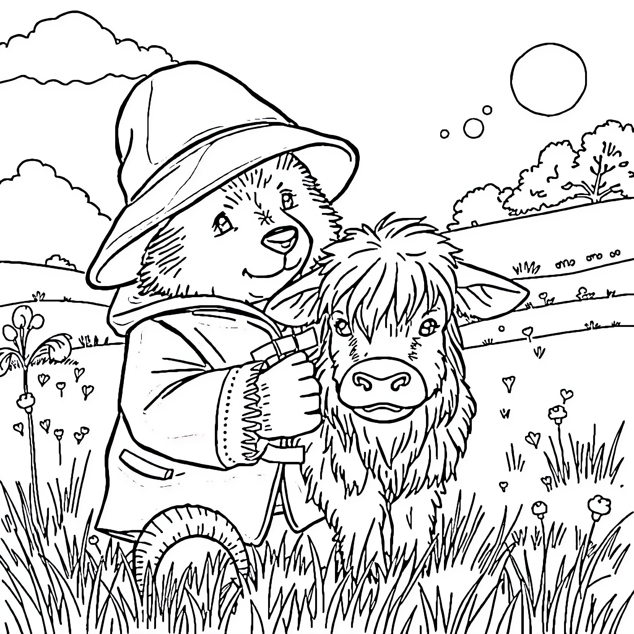Paddington Bear exploring the countryside with a highland cow Coloring Page (free black-and-white line drawing printable PDF for all, from beginners to advanced learners, including children, teens, adults, and seniors)
