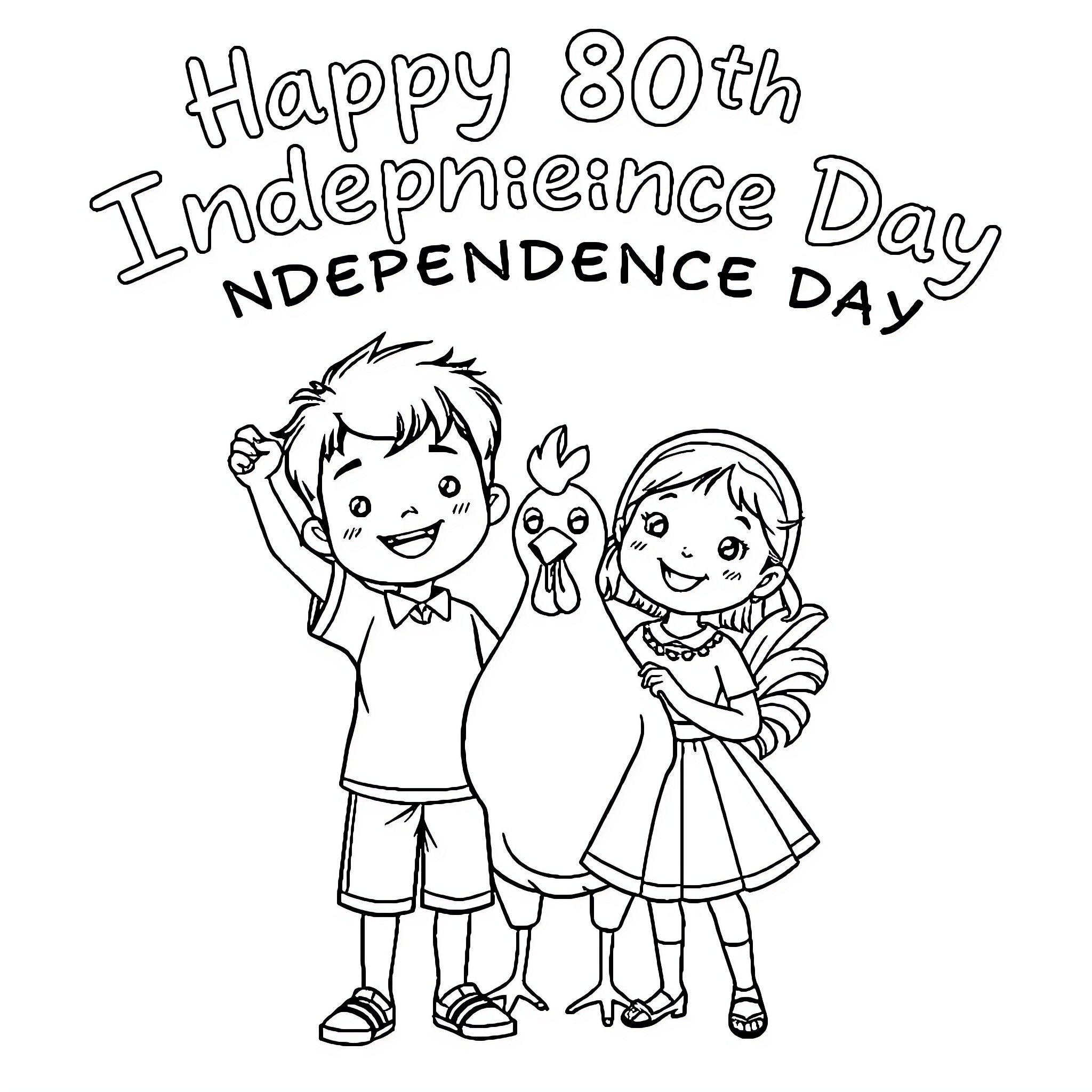 Boy and Girl Celebrating Independence Day Coloring Page (free black-and-white line drawing printable PDF for all, from beginners to advanced learners, including children, teens, adults, and seniors)