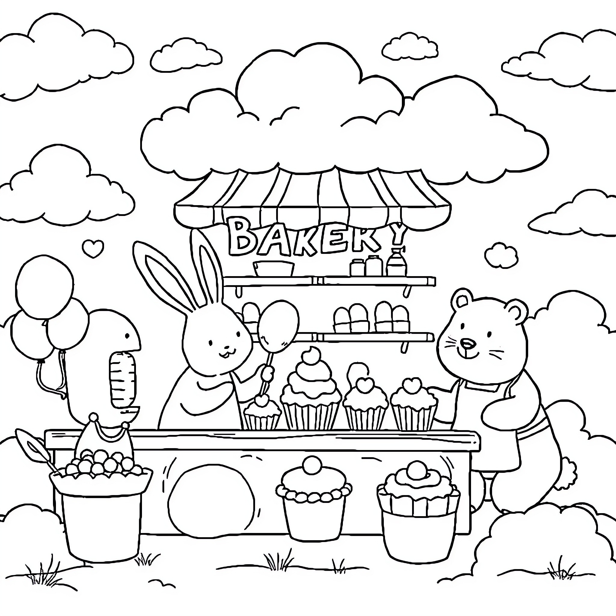 Bakery with whimsical animal characters and treats Coloring Page (free black-and-white line drawing printable PDF for all, from beginners to advanced learners, including children, teens, adults, and seniors)