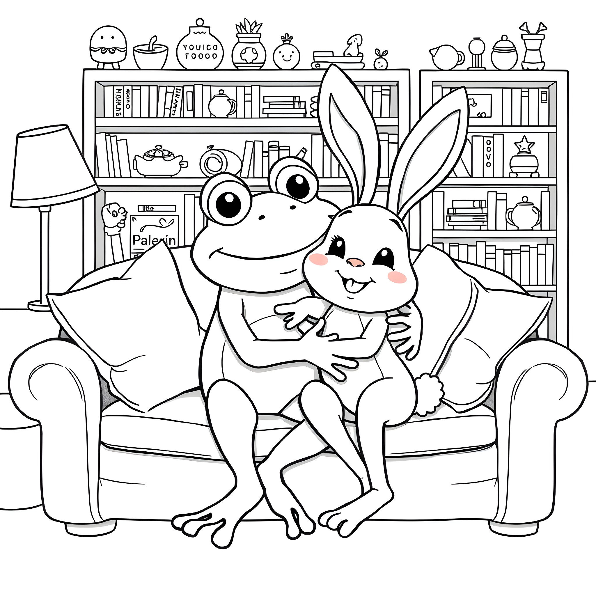 Frog and Rabbit Cozy in Cozy Living Room Coloring Page (free black-and-white line drawing printable PDF for all, from beginners to advanced learners, including children, teens, adults, and seniors)