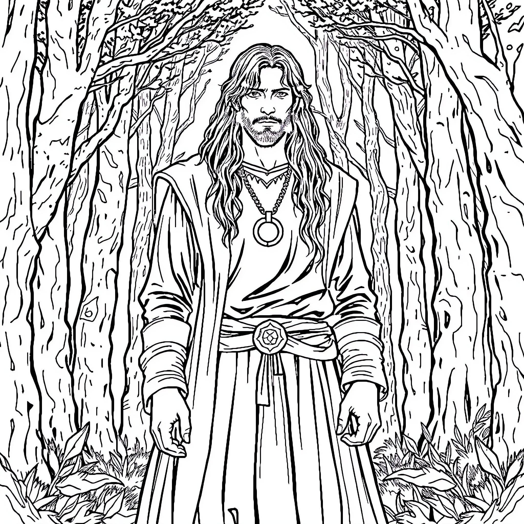 Aragorn standing resolute in the forest Coloring Page (free black-and-white line drawing printable PDF for all, from beginners to advanced learners, including children, teens, adults, and seniors)