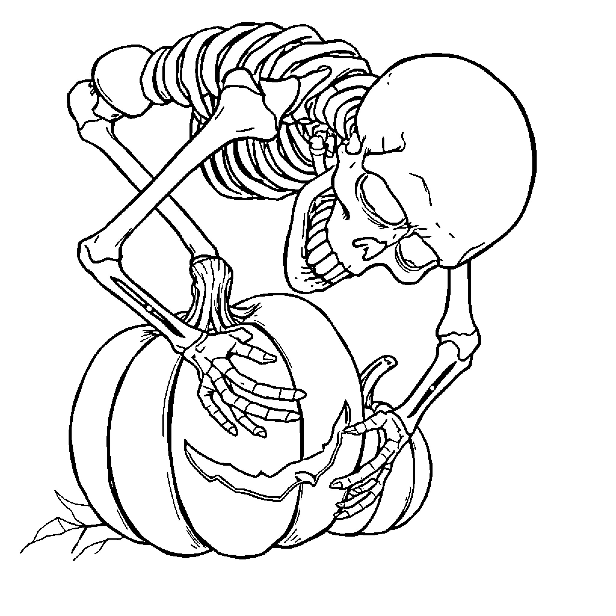 Skeleton Carving Halloween Pumpkin Coloring Page (free black-and-white line drawing printable PDF for all, from beginners to advanced learners, including children, teens, adults, and seniors)