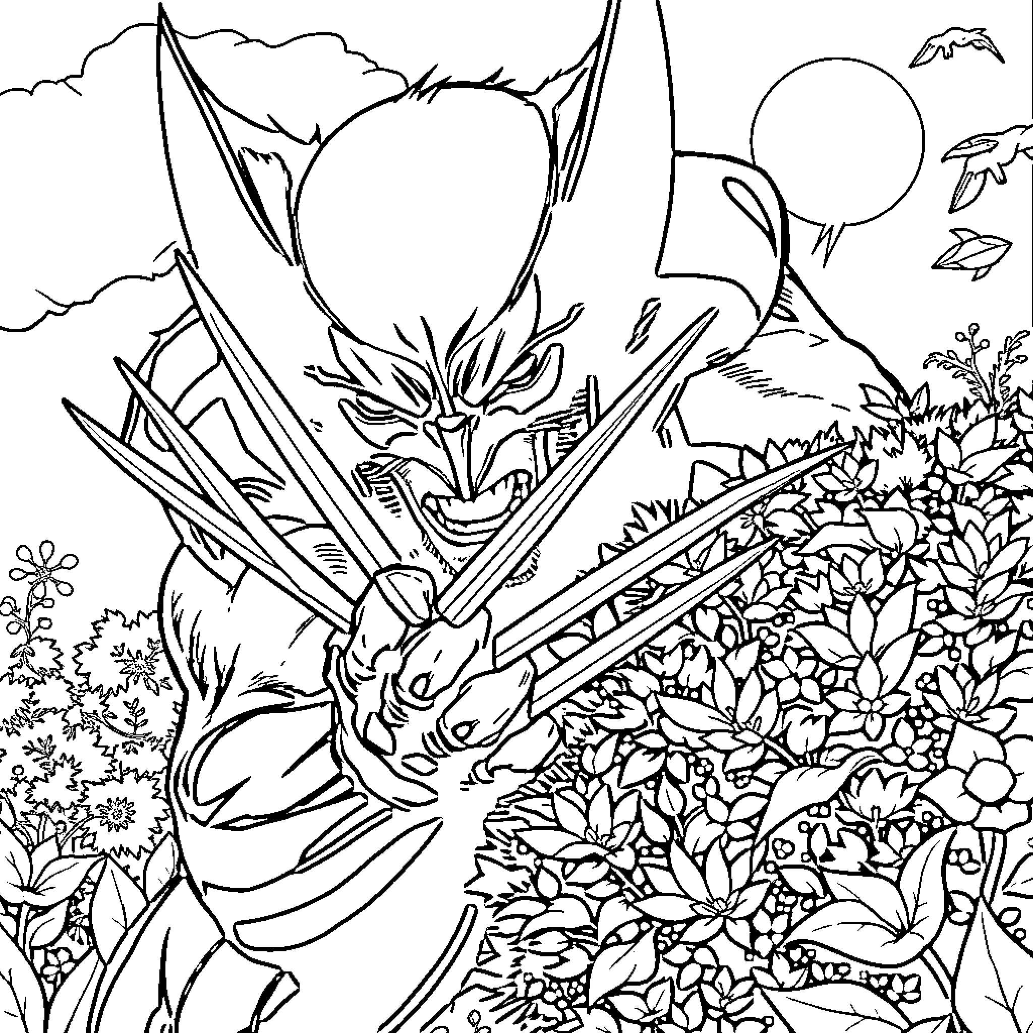 Wolverine Unleashing Claws in Ethereal Landscape Coloring Page (free black-and-white line drawing printable PDF for all, from beginners to advanced learners, including children, teens, adults, and seniors)