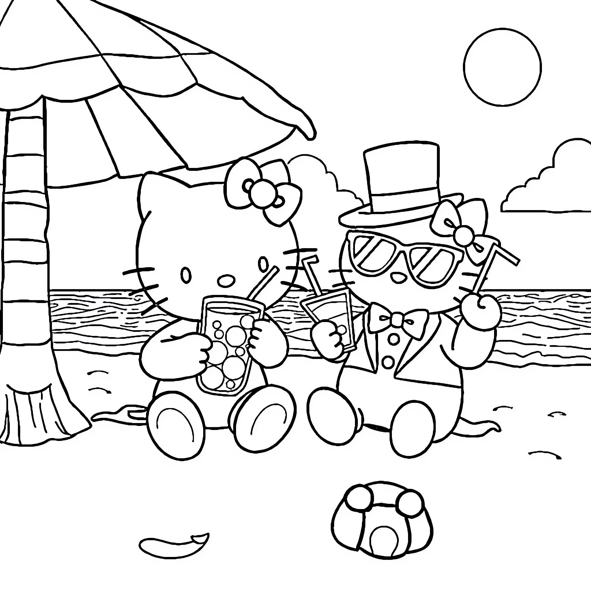 Hello Kitty's Sunny Beach Adventure Coloring Page (free black-and-white line drawing printable PDF for all, from beginners to advanced learners, including children, teens, adults, and seniors)