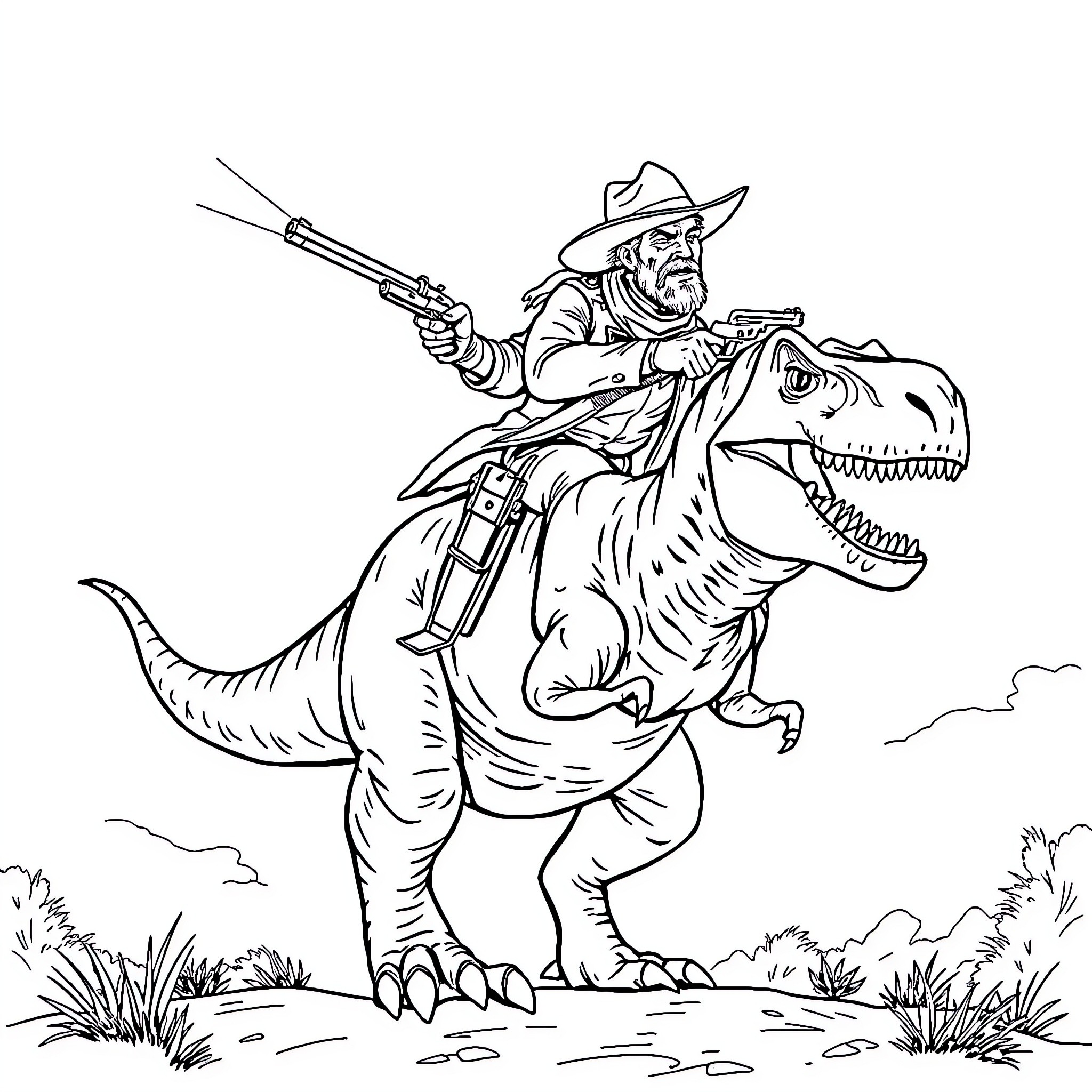 Cowboy riding a fierce dinosaur with rifle Coloring Page (free black-and-white line drawing printable PDF for all, from beginners to advanced learners, including children, teens, adults, and seniors)
