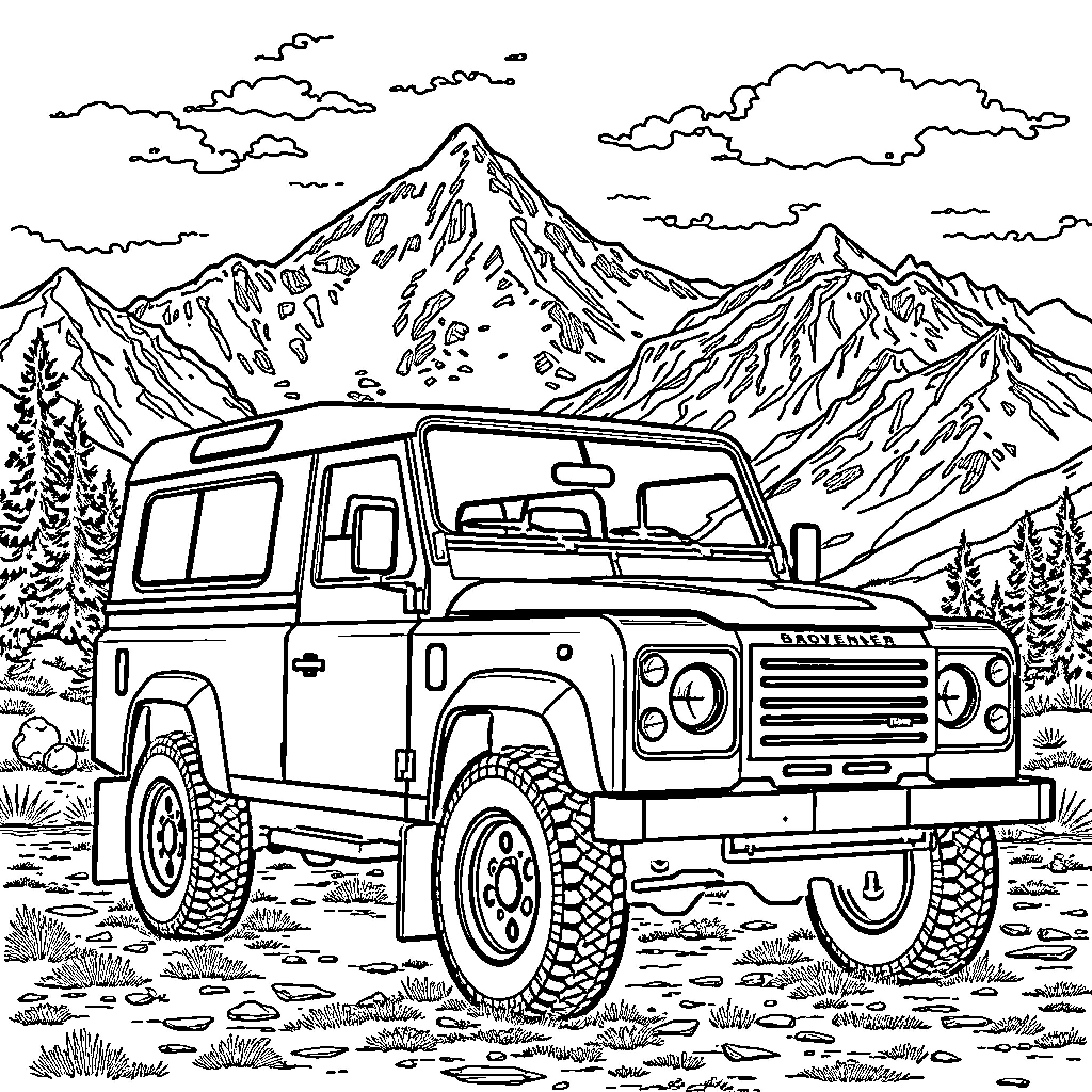 Land Rover Adventuring in Mountain Landscape Coloring Page (free black-and-white line drawing printable PDF for all, from beginners to advanced learners, including children, teens, adults, and seniors)
