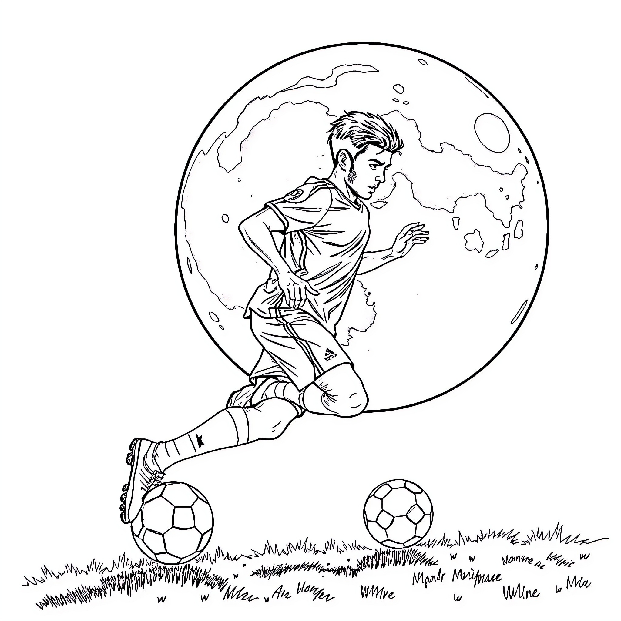 Footballer dribbling the ball in the moonlight Coloring Page (free black-and-white line drawing printable PDF for all, from beginners to advanced learners, including children, teens, adults, and seniors)