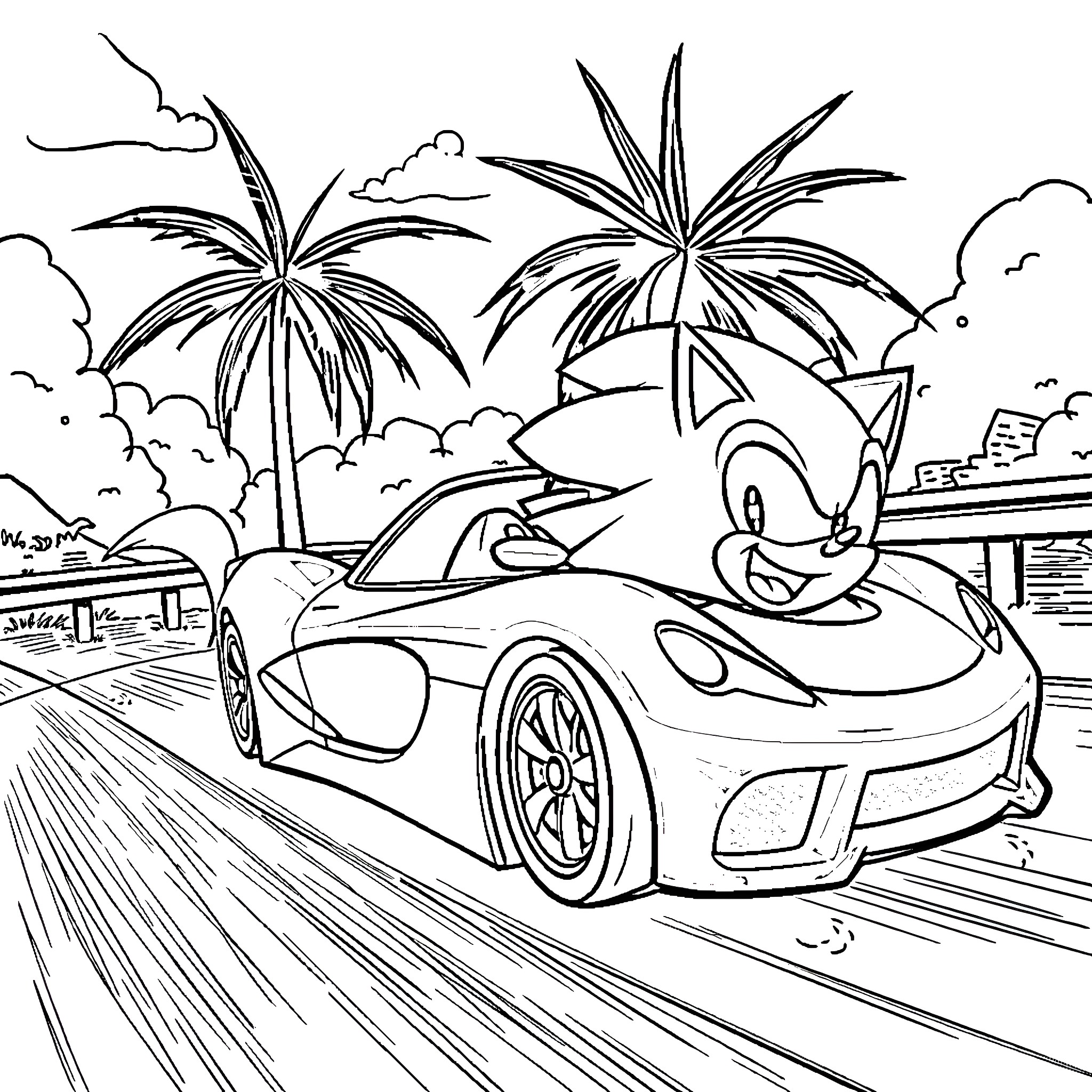 Sonic racing down a tropical road Coloring Page (free black-and-white line drawing printable PDF for all, from beginners to advanced learners, including children, teens, adults, and seniors)