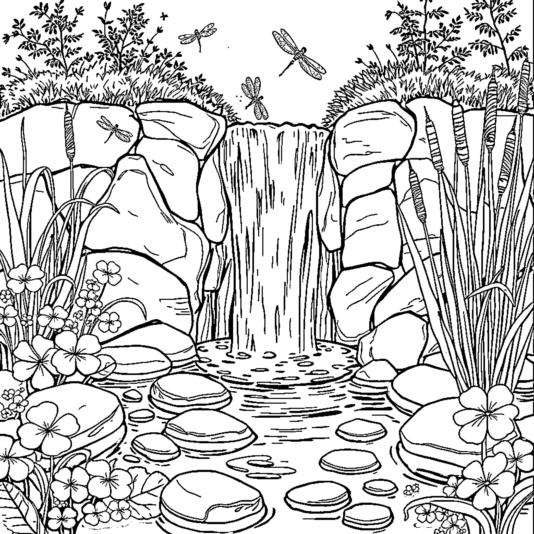 Waterfall surrounded by lush foliage and wildlife Coloring Page (free black-and-white line drawing printable PDF for all, from beginners to advanced learners, including children, teens, adults, and seniors)