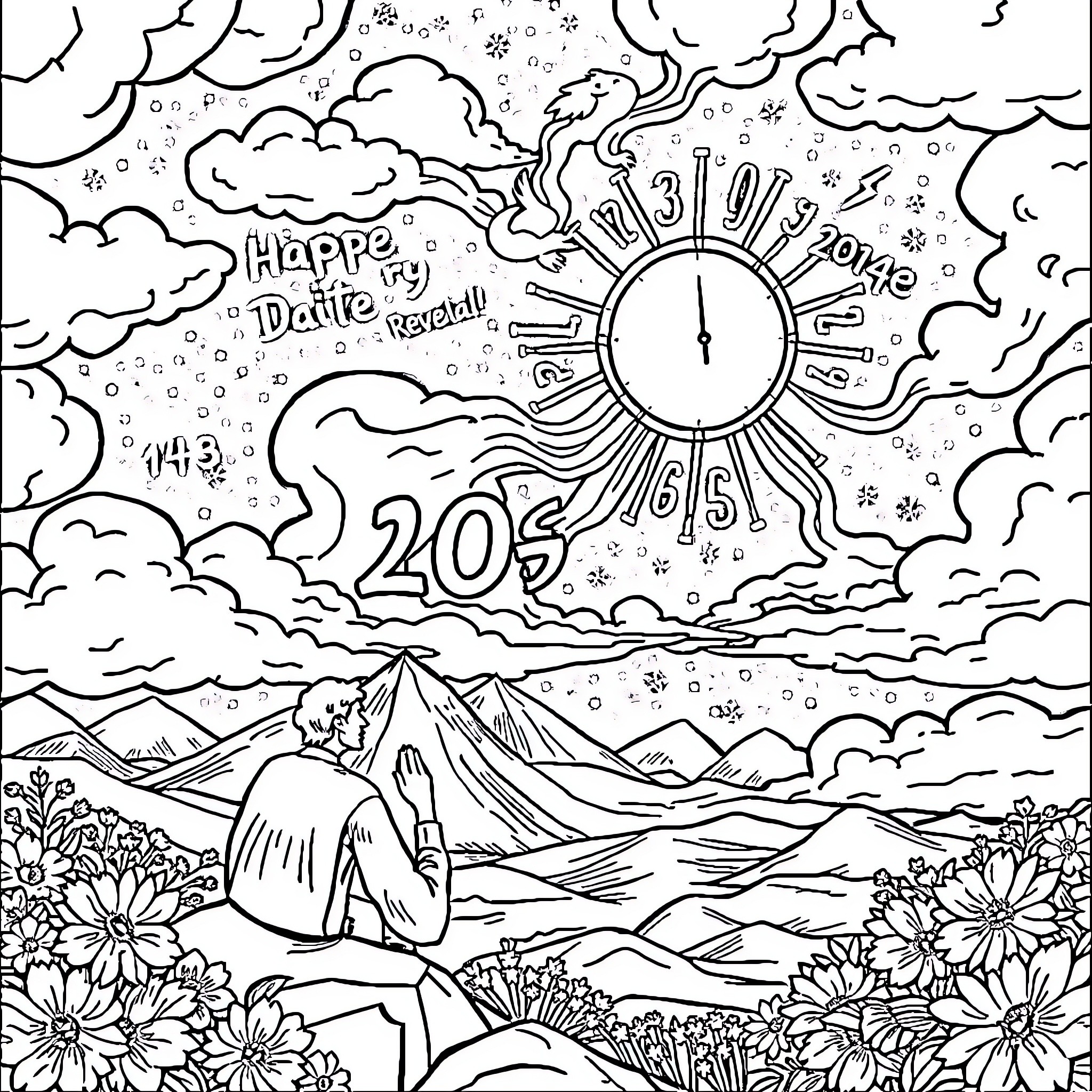 Revelation of a New Decade's Arrival Coloring Page (free black-and-white line drawing printable PDF for all, from beginners to advanced learners, including children, teens, adults, and seniors)