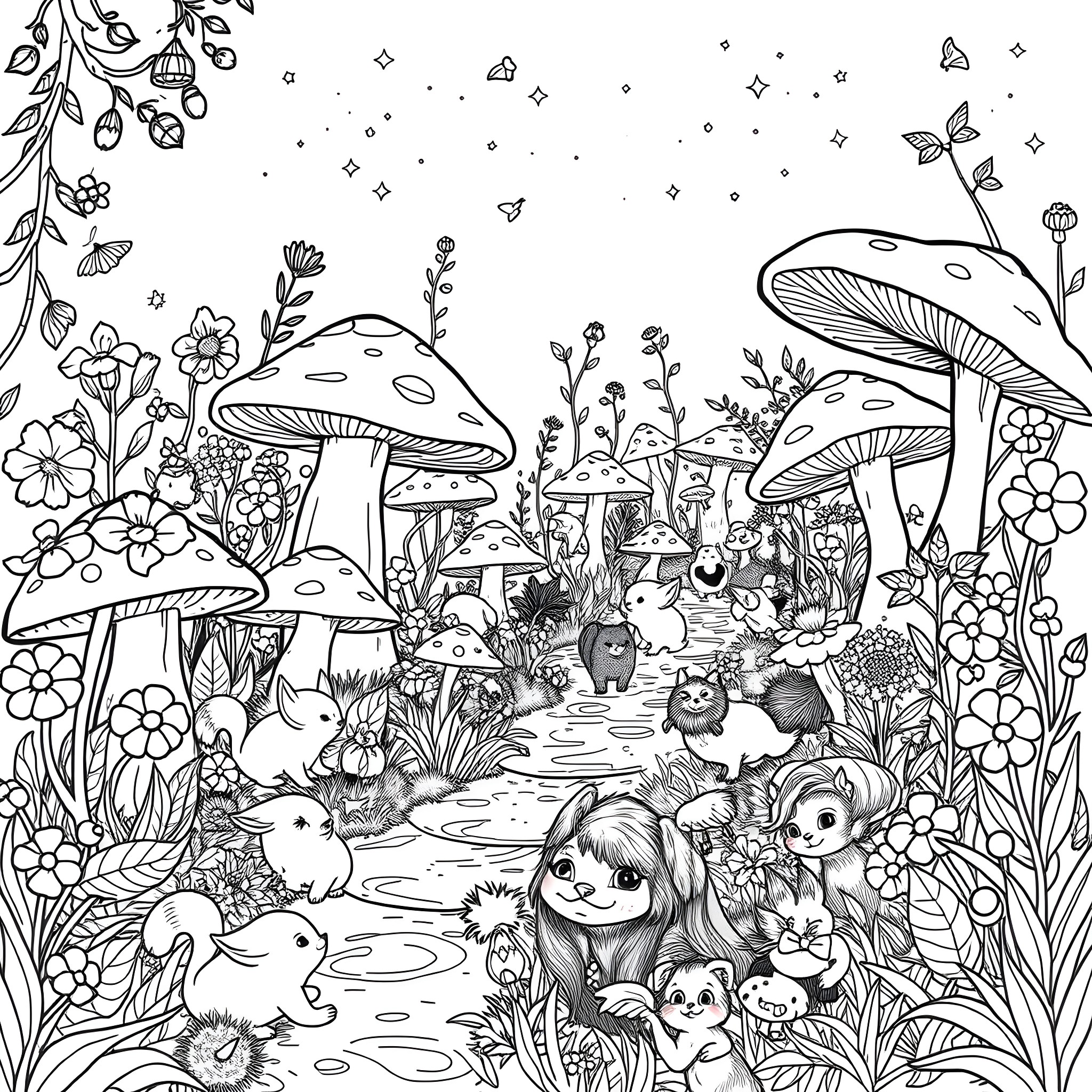 Garden of Whimsical Creatures and Flowers Coloring Page (free black-and-white line drawing printable PDF for all, from beginners to advanced learners, including children, teens, adults, and seniors)