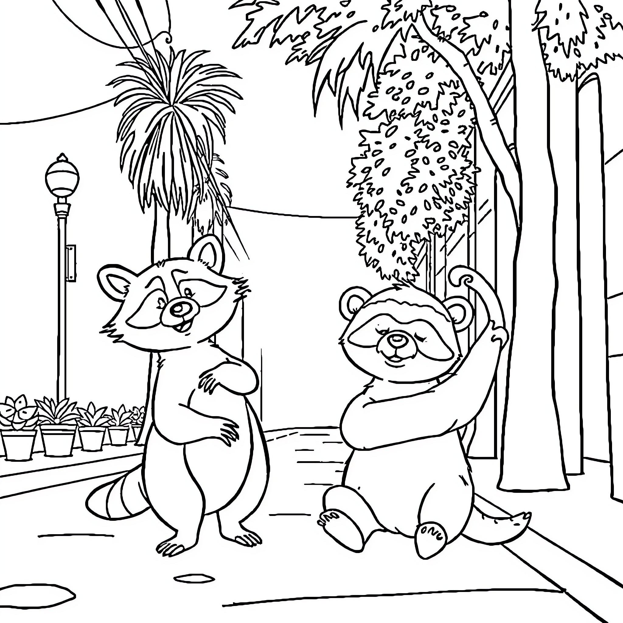 Raccoons exploring a lush outdoor scene Coloring Page (free black-and-white line drawing printable PDF for all, from beginners to advanced learners, including children, teens, adults, and seniors)