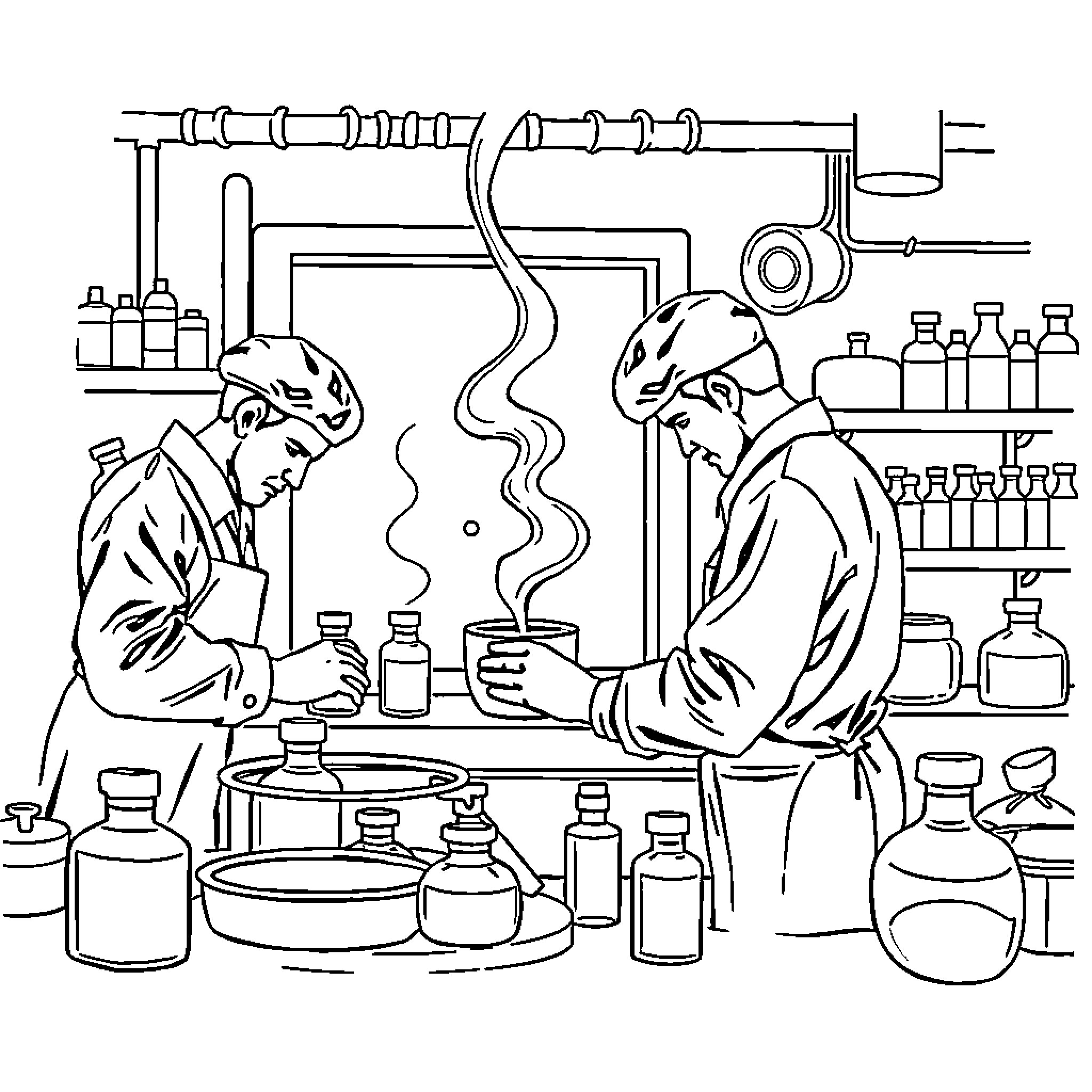 Parfum Experiments in the Laboratory Coloring Page (free black-and-white line drawing printable PDF for all, from beginners to advanced learners, including children, teens, adults, and seniors)