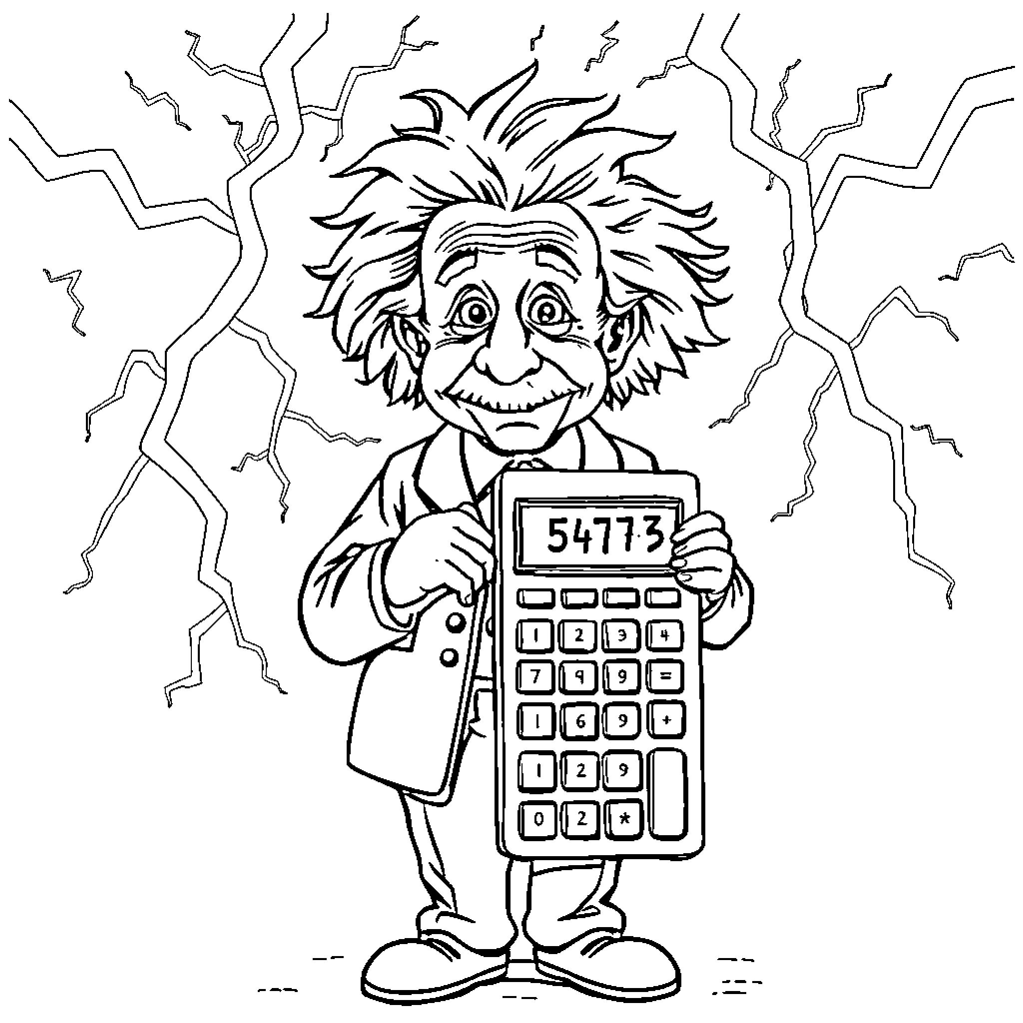 Albert Einstein operating a calculator with lightning bolt background Coloring Page (free black-and-white line drawing printable PDF for all, from beginners to advanced learners, including children, teens, adults, and seniors)