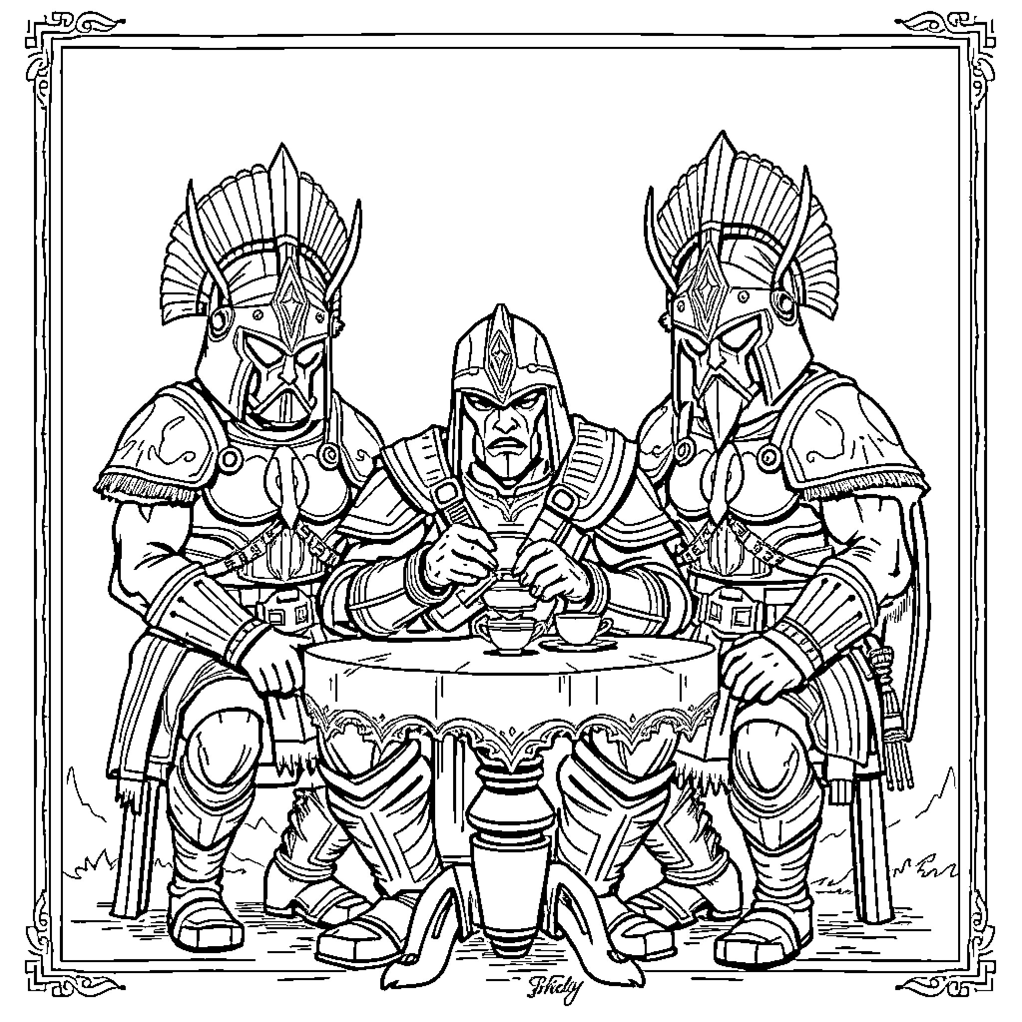 Master Chief and Alien Commanders at a Ceremonial Gathering Coloring Page (free black-and-white line drawing printable PDF for all, from beginners to advanced learners, including children, teens, adults, and seniors)