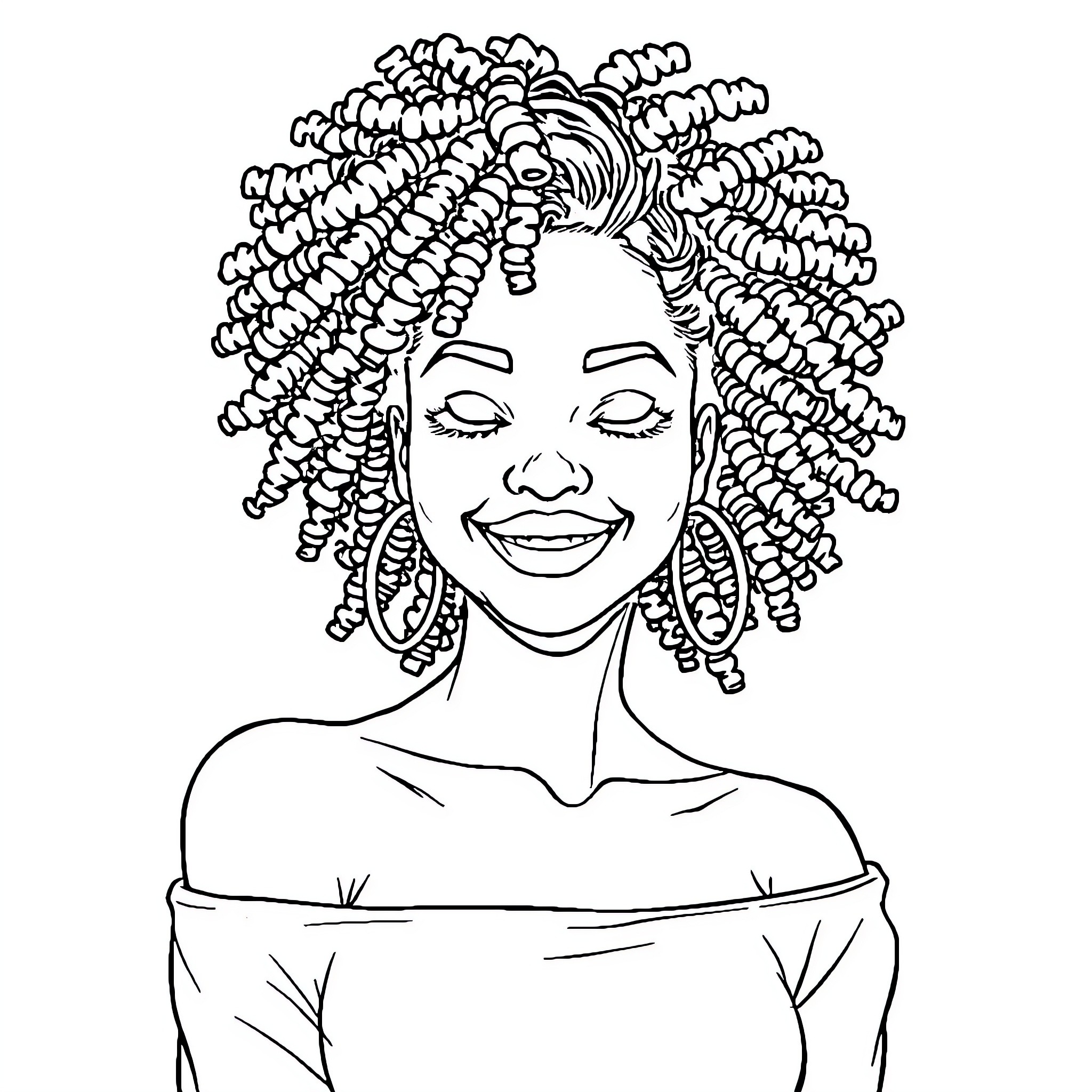 Woman with Joyful Curly Hair Expression Coloring Page (free black-and-white line drawing printable PDF for all, from beginners to advanced learners, including children, teens, adults, and seniors)