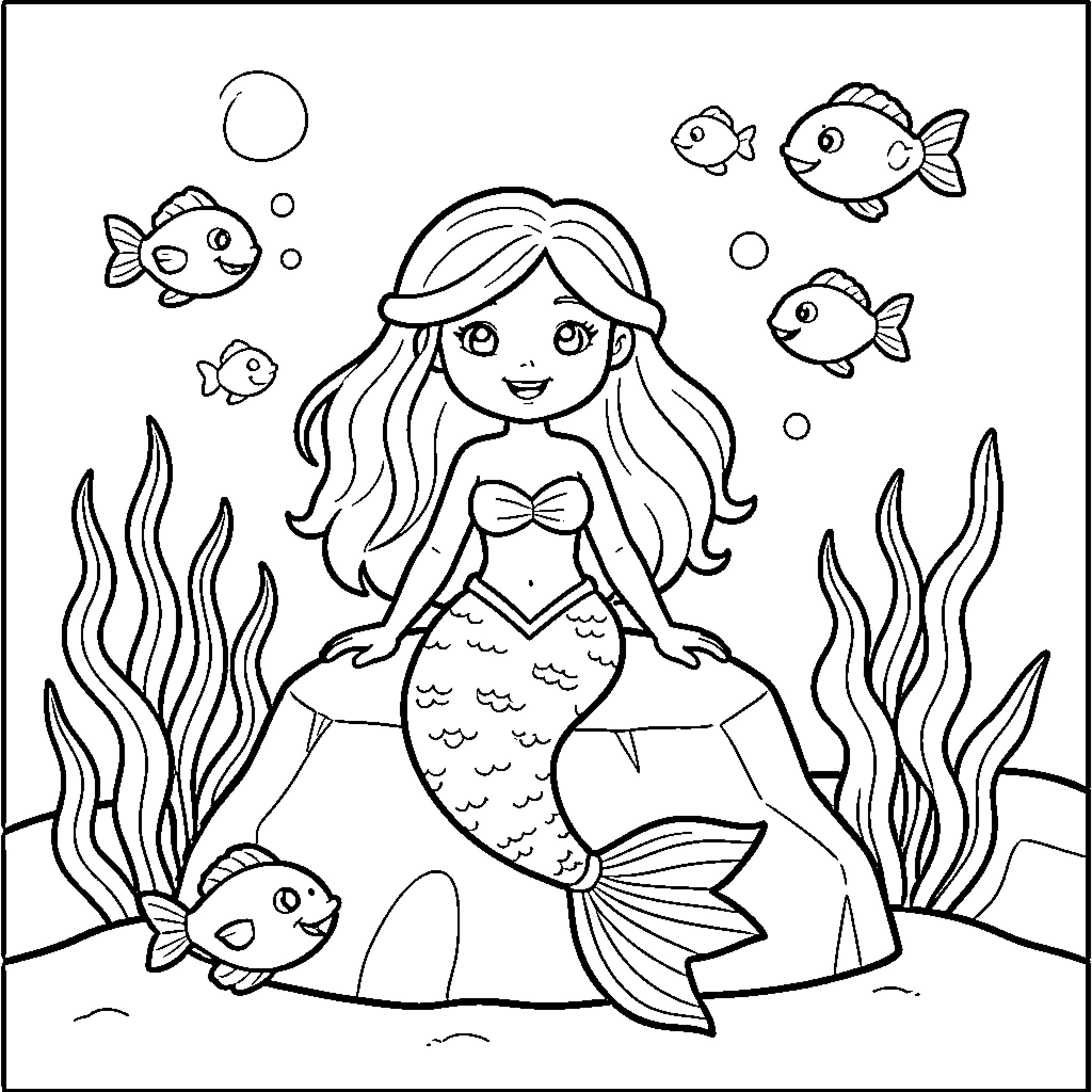 Mermaid interacting with friendly underwater creatures Coloring Page (free black-and-white line drawing printable PDF for all, from beginners to advanced learners, including children, teens, adults, and seniors)