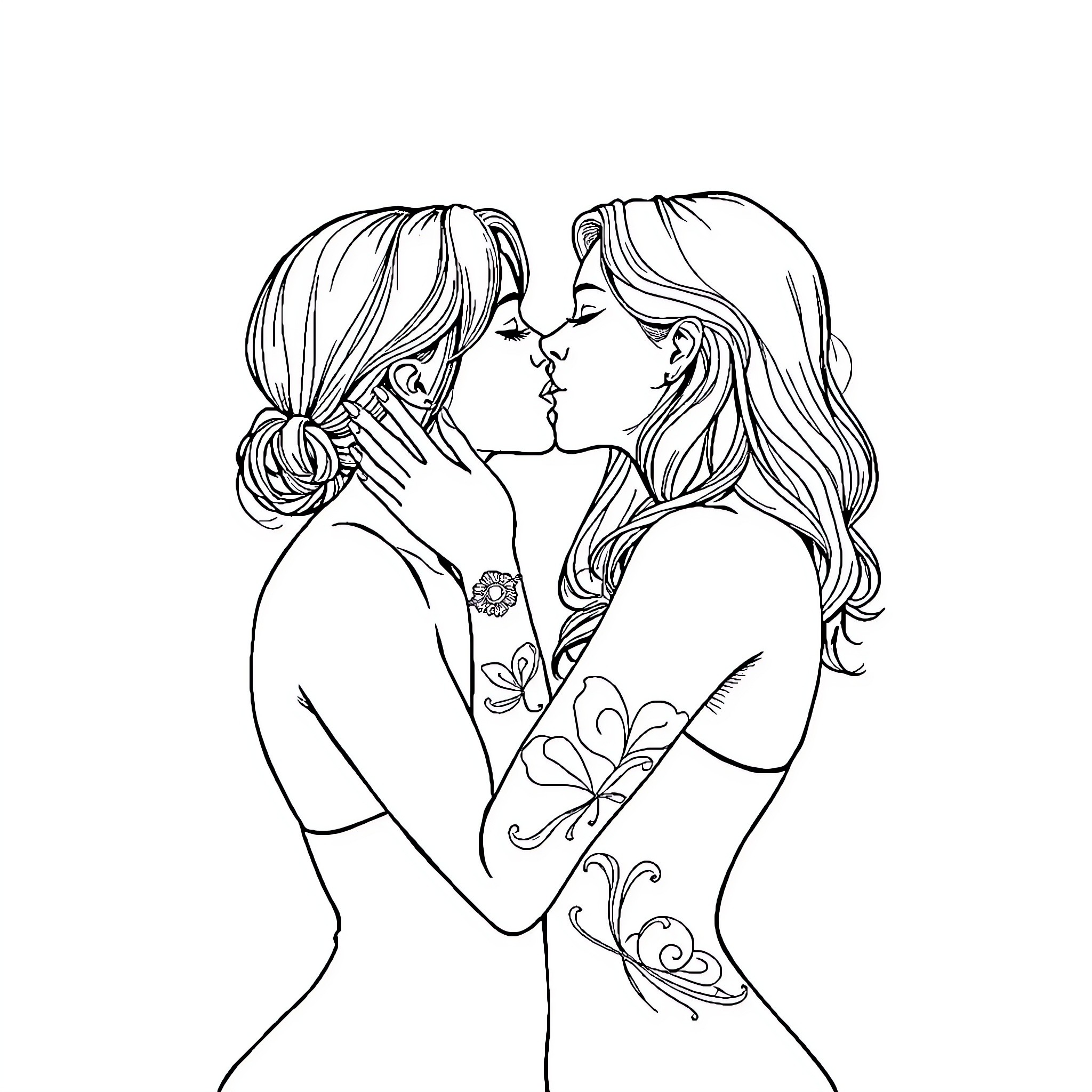 Women sharing a tender embrace Coloring Page (free black-and-white line drawing printable PDF for all, from beginners to advanced learners, including children, teens, adults, and seniors)