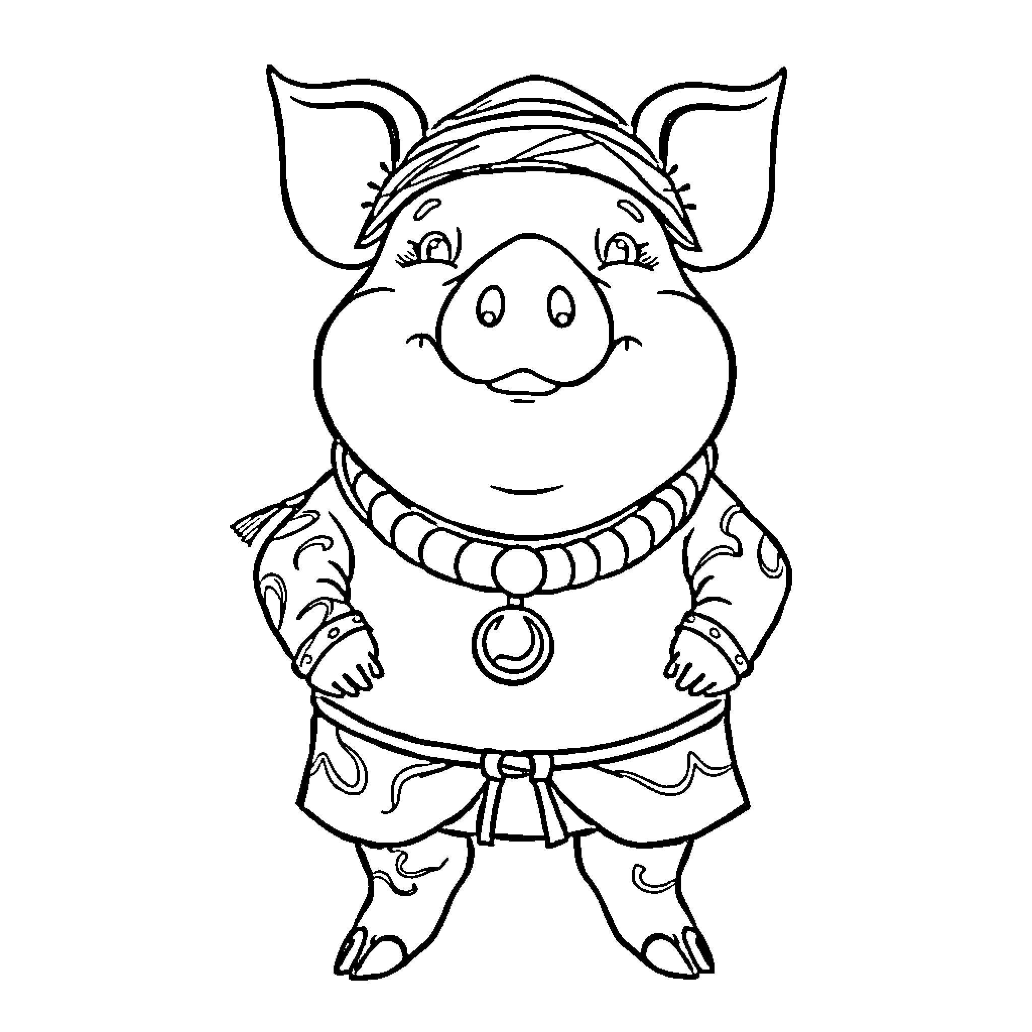 Pig in Ornamental Attire Coloring Page (free black-and-white line drawing printable PDF for all, from beginners to advanced learners, including children, teens, adults, and seniors)